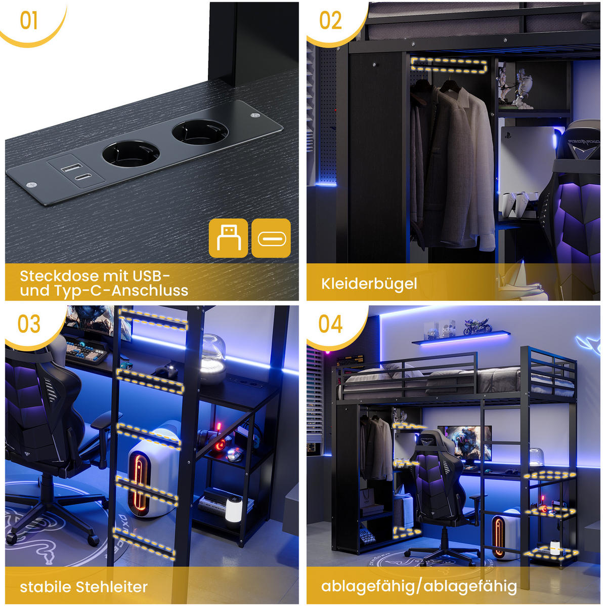 HOCHBETT MDF+Metall 90x200 cm Schwarz mit Schreibtisch, LED-Lichtleiste und offenem Stauraum - Schwarz, Holzwerkstoff (90/200cm) - Modfu