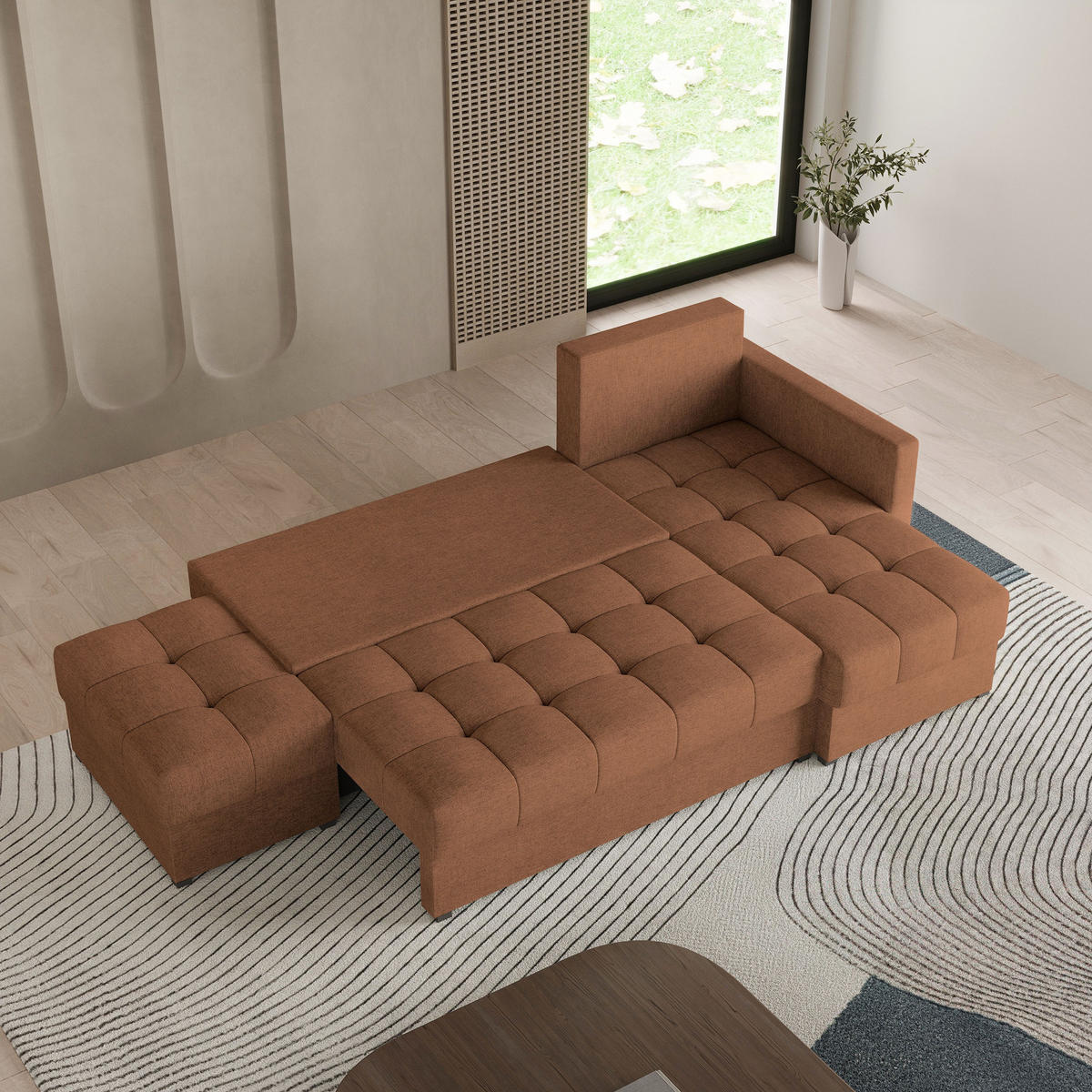 ECKSOFA LUMARI R-S Kupferfarben Plüsch-Stoff mit Schlaffunktion - Kupferfarben, Holz (262/143cm) - MASSENO