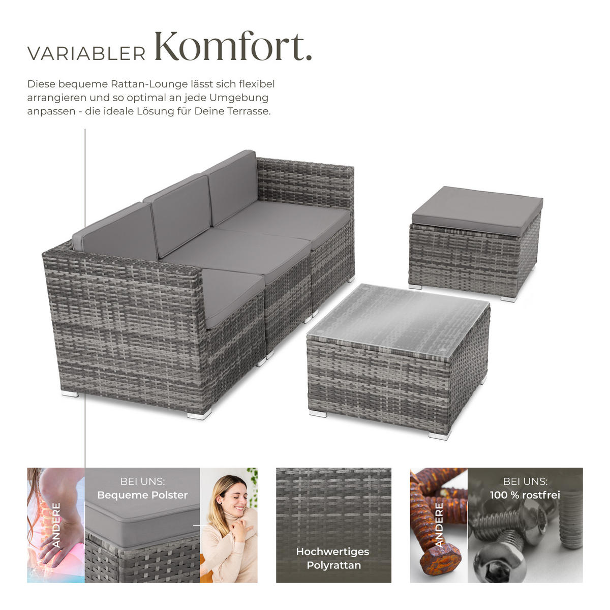 RATTANLOUNGE Lignano,variabel aufstellbar,grau - Grau, Kunststoff - tectake
