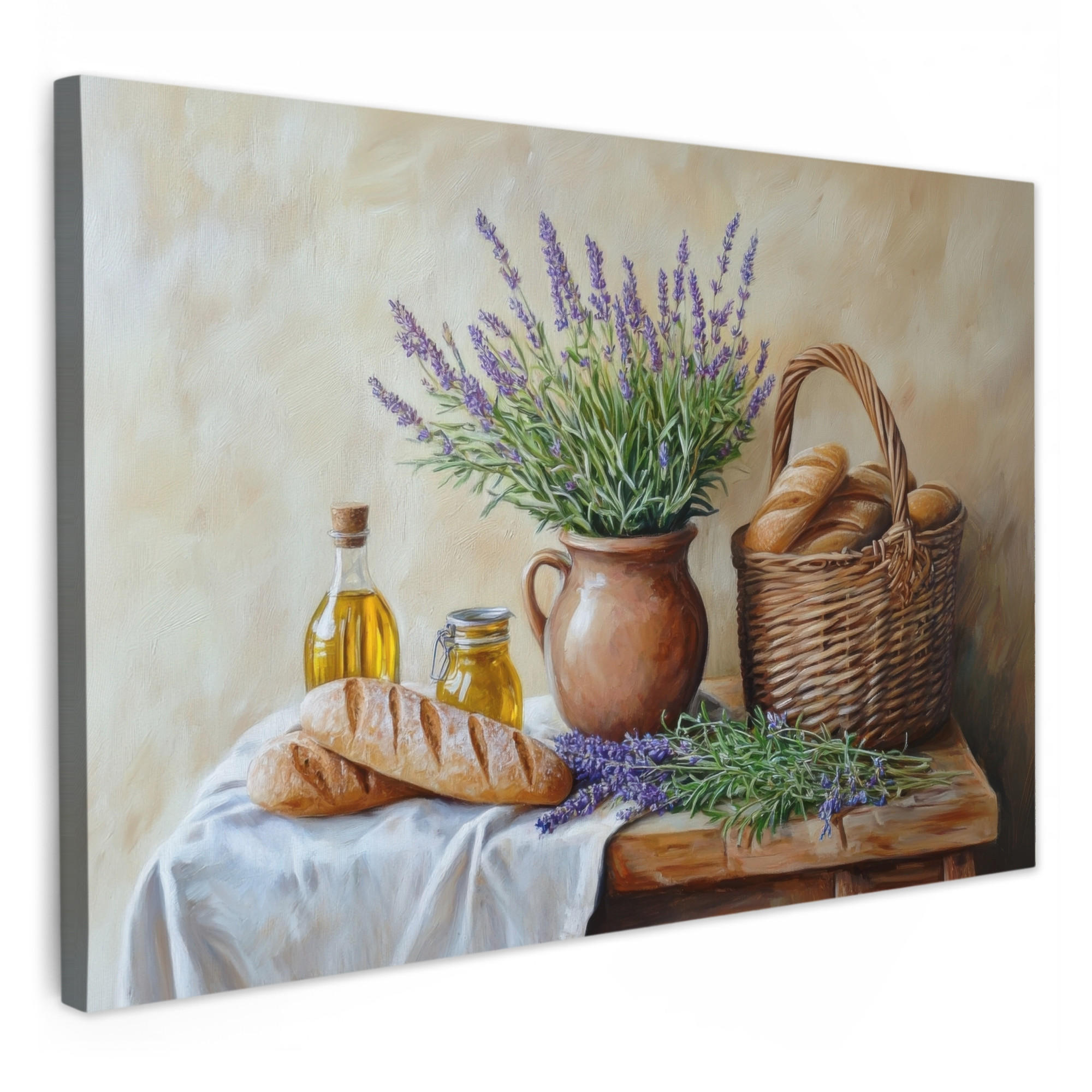 LEINWANDBILD Lavendel - Brot - Stilleben Gemälde 60x40 cm - Flieder, Textil (60/40cm) - MuchoWow