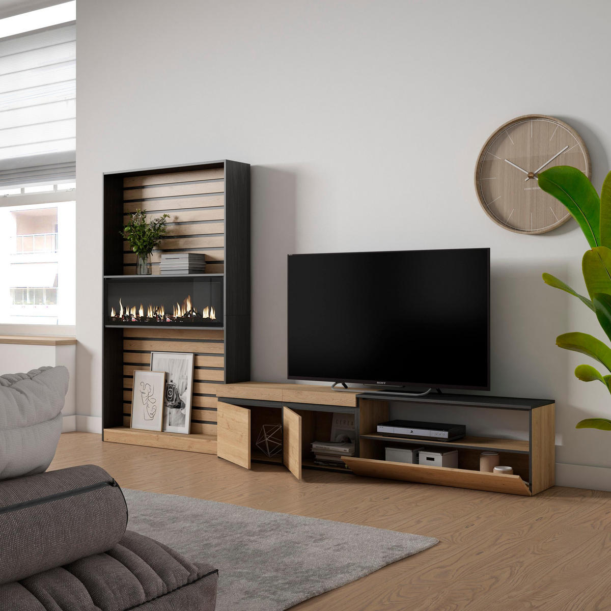 WOHNWAND Wohnzimmer, eiche, schwarz, Elektrokamin,, 310/35/186cm - Eichefarben/Schwarz, Holzwerkstoff (310/186/35cm) - Skraut Home