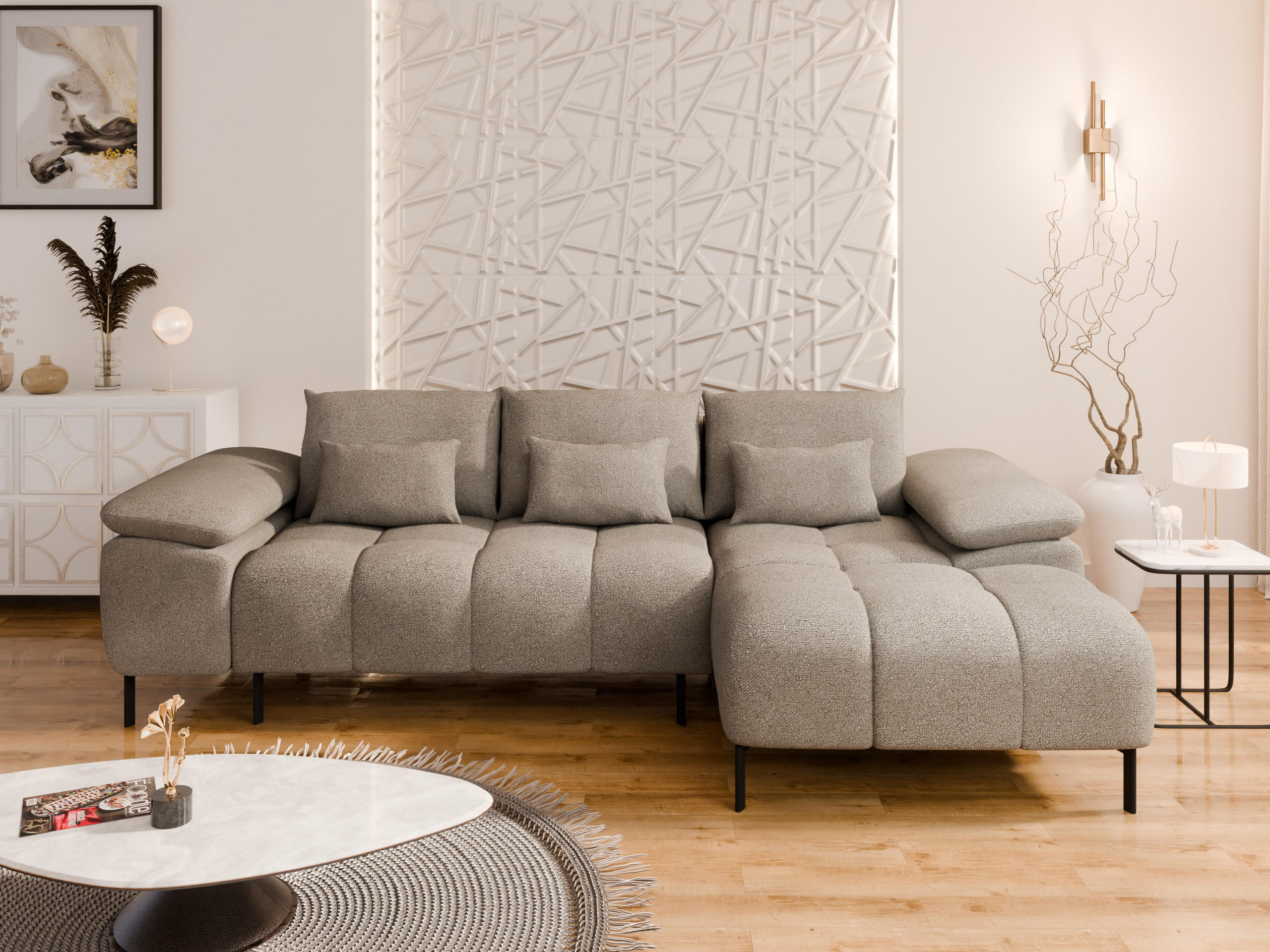 ECKSCHLAFSOFA 4-Sitzer DOLUS – Modernes Ecksofa mit Schlaffunktion Rechts montierbar, Taupe - Taupe, Holz (141/277cm) - Panda Möbel