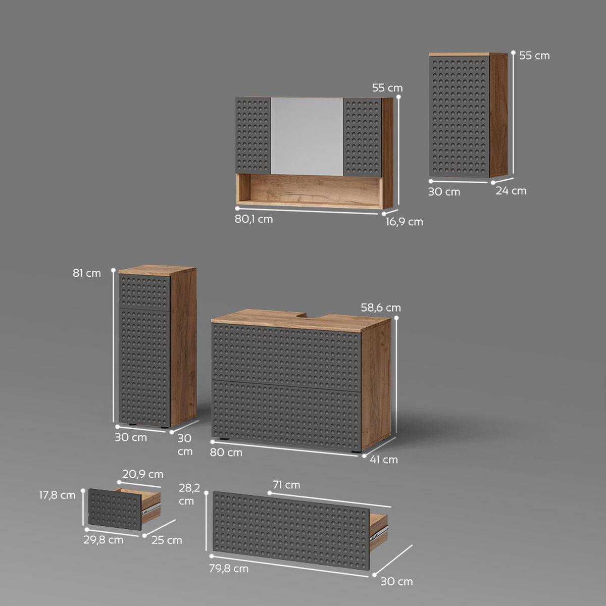 BADMÖBEL-SET Ronco Anthrazit gepunktet 4 Teile - Anthrazit/Eiche Wotan, Holzwerkstoff (80/58/41cm) - Livinity®