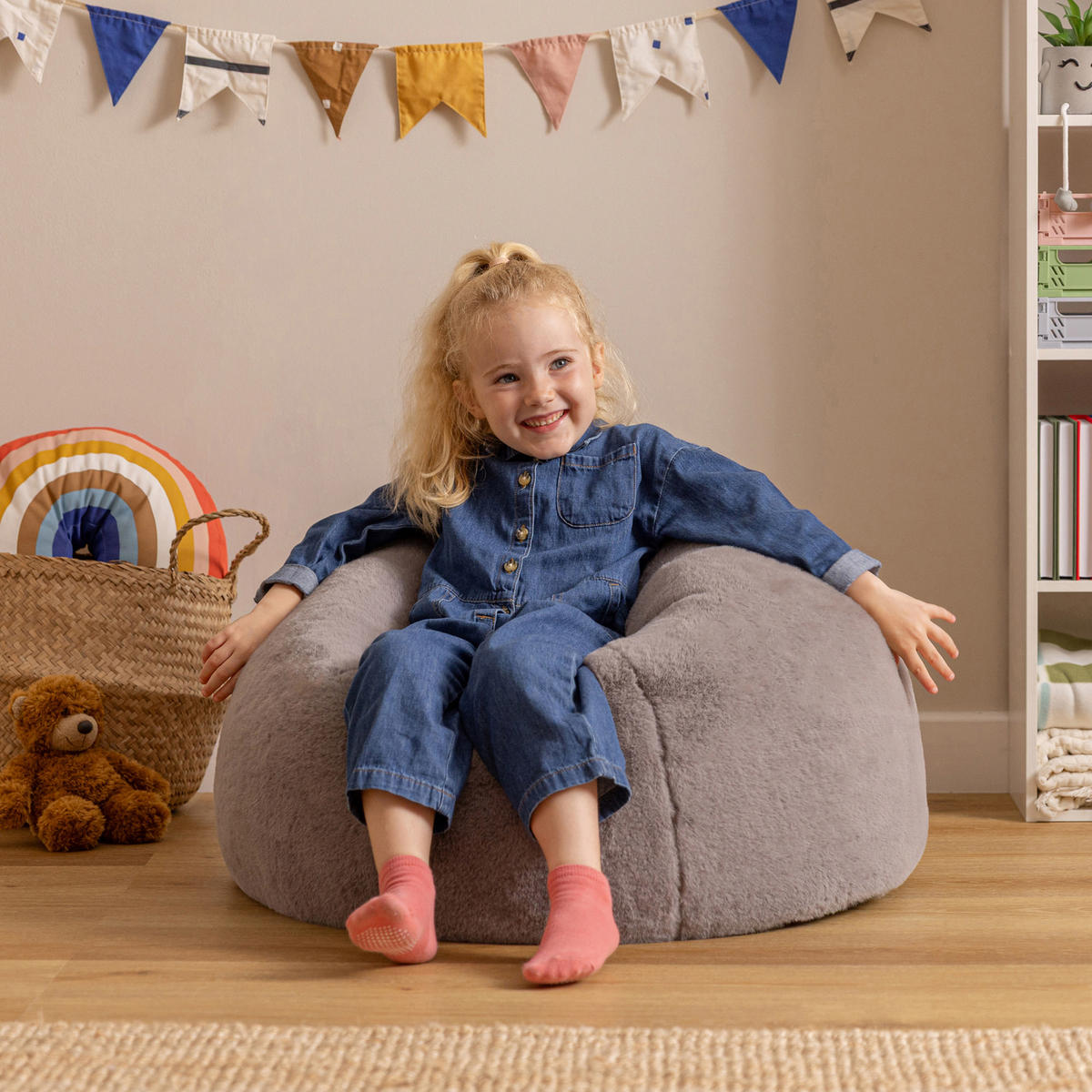 KINDERSITZSACK Kingston Kaninchenkunstfell - Grau, Textil (80/45/80cm) - icon