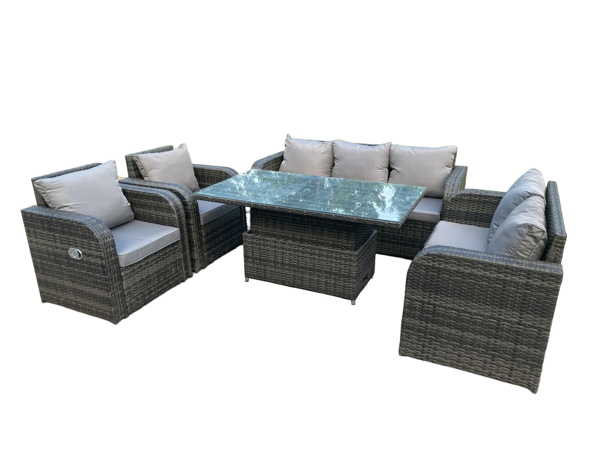 GARTENMÖBEL-SET Polyrattan 7-Sitzer - Dunkelgrau/Grau, Glas/Kunststoff - Fimous