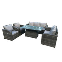 GARTENMÖBEL-SET Polyrattan 7-Sitzer - Dunkelgrau/Grau, Glas/Kunststoff - Fimous