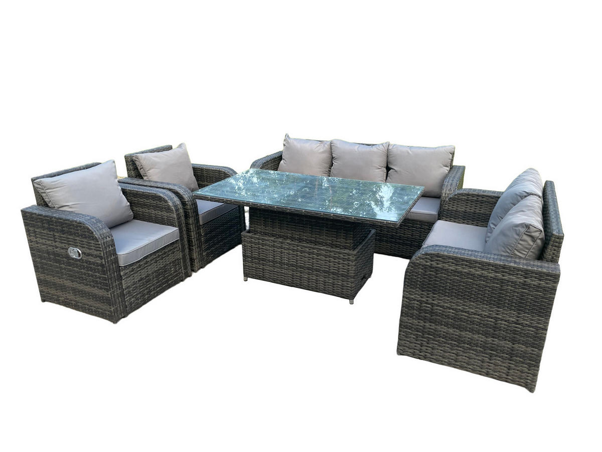 GARTENMÖBEL-SET Polyrattan 7-Sitzer - Dunkelgrau/Grau, Glas/Kunststoff - Fimous