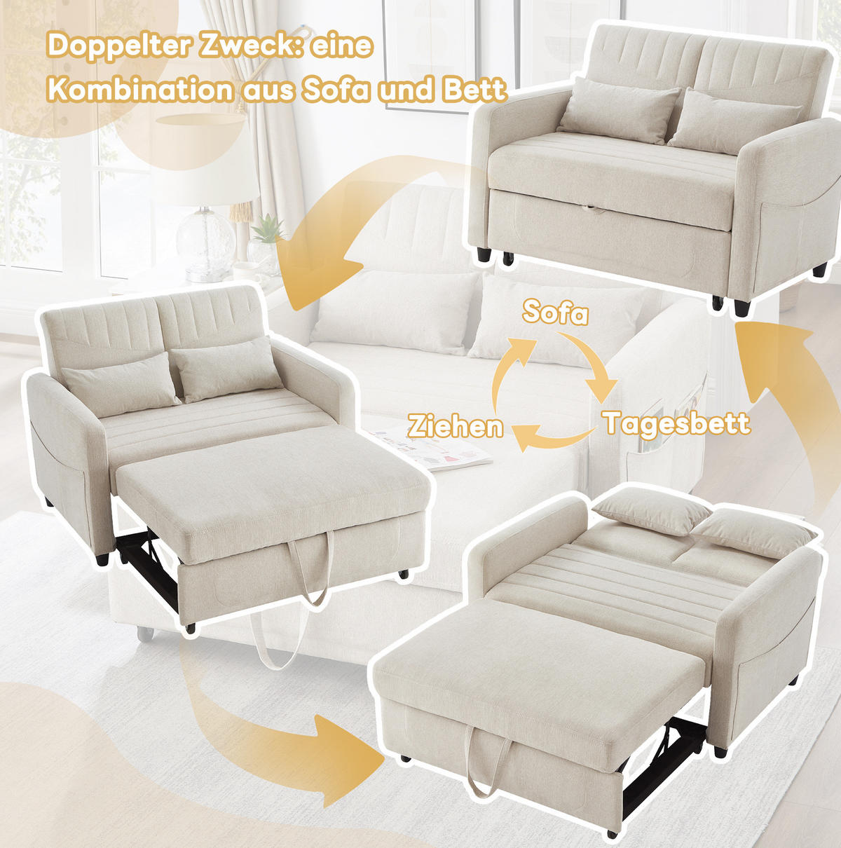 SOFABETT Baumwoll-Leinen mit Ausziehfunktion und verstellbarer Rückenlehne Beige 114/77/82,5 cm - Beige, Textil (77/82.5/114cm) - Redom