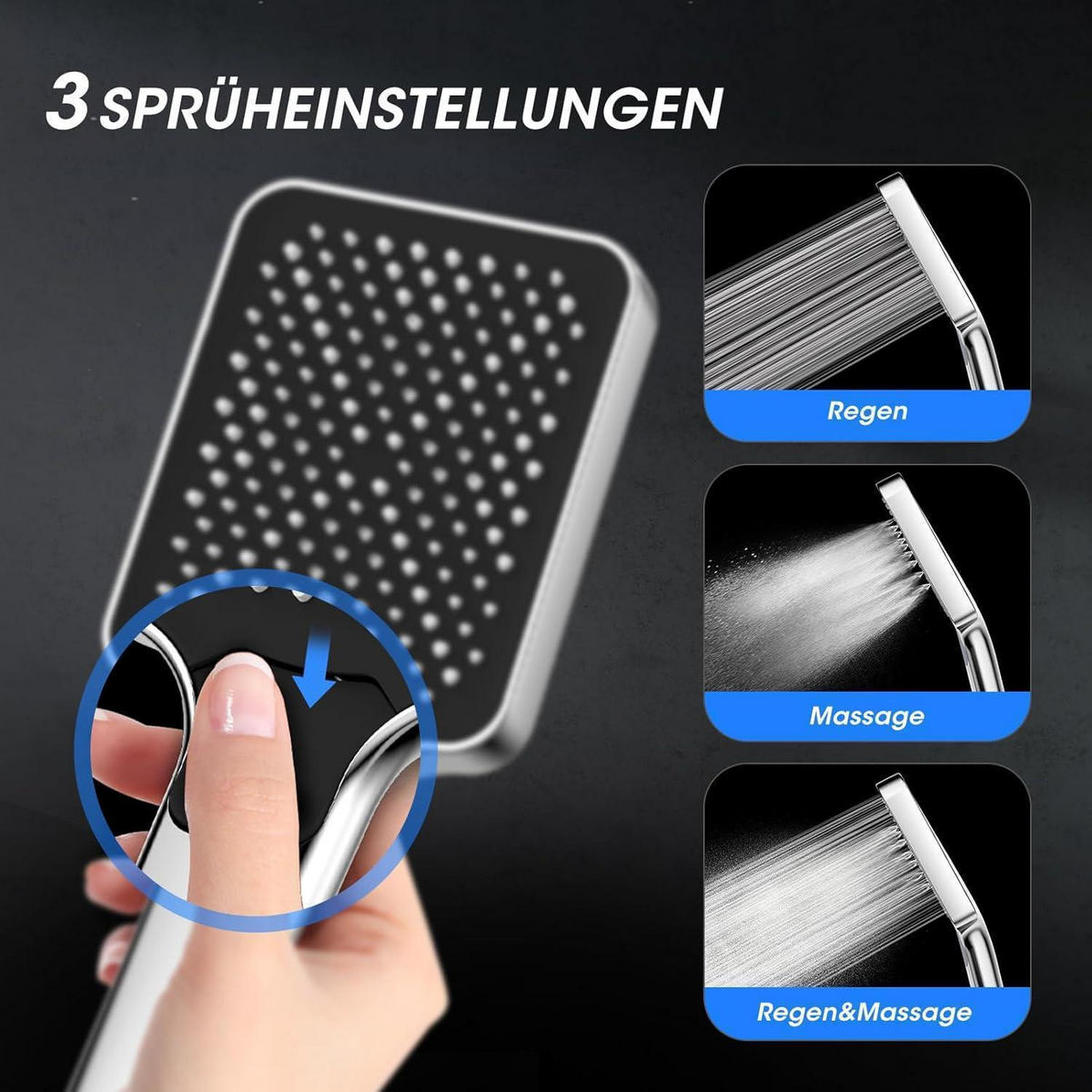 DUSCHKOPF mit Schlauch 2M Hochdruck Regendusche Wassersparend Silber - Silberfarben, Metall (19/12.7/28.5cm)