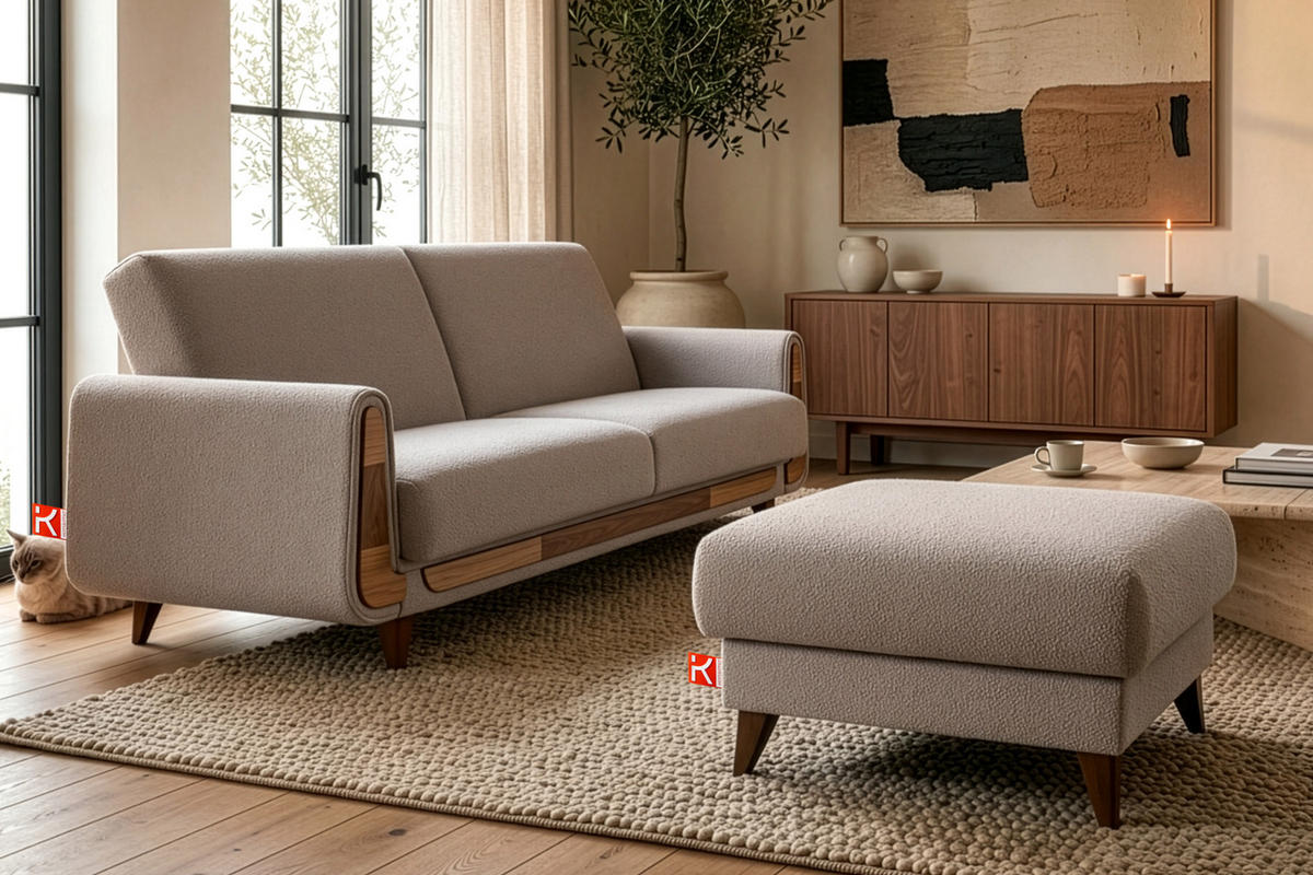 HOCKER GUSTAVO Bouclé, Grau - Grau, Holz/Holzwerkstoff (92/49/92cm) - KONSIMO®