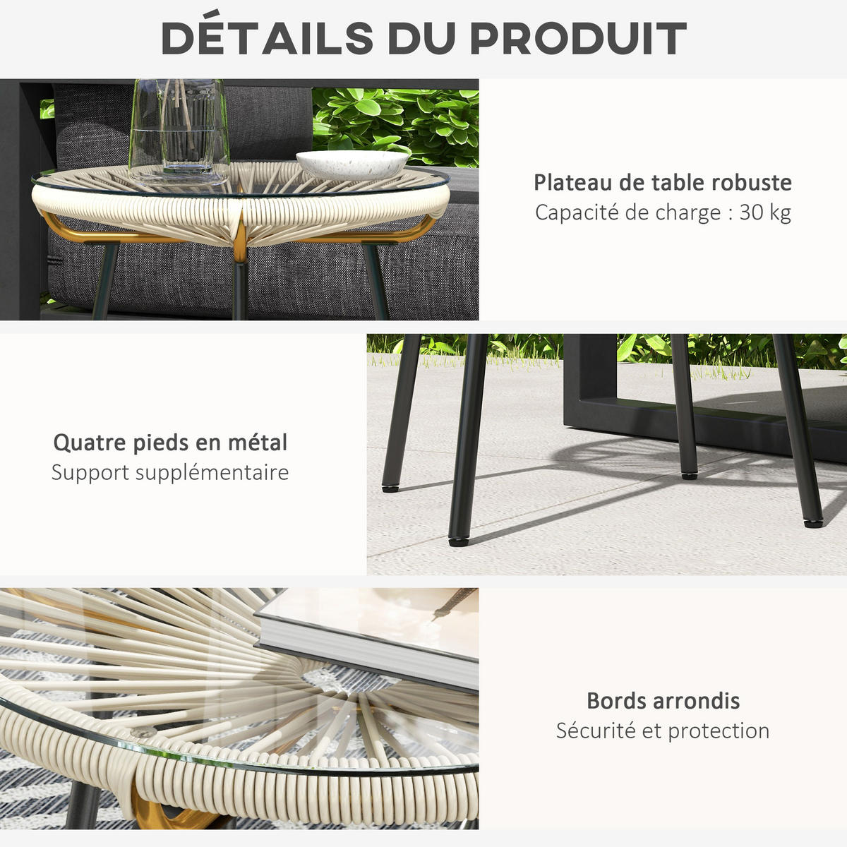 GARTENBEISTELLTISCH DE-13608 rund mit Glasplatte, PE-Rattanoptik Creme - Creme, Metall (50/50/50cm) - ComfortXL