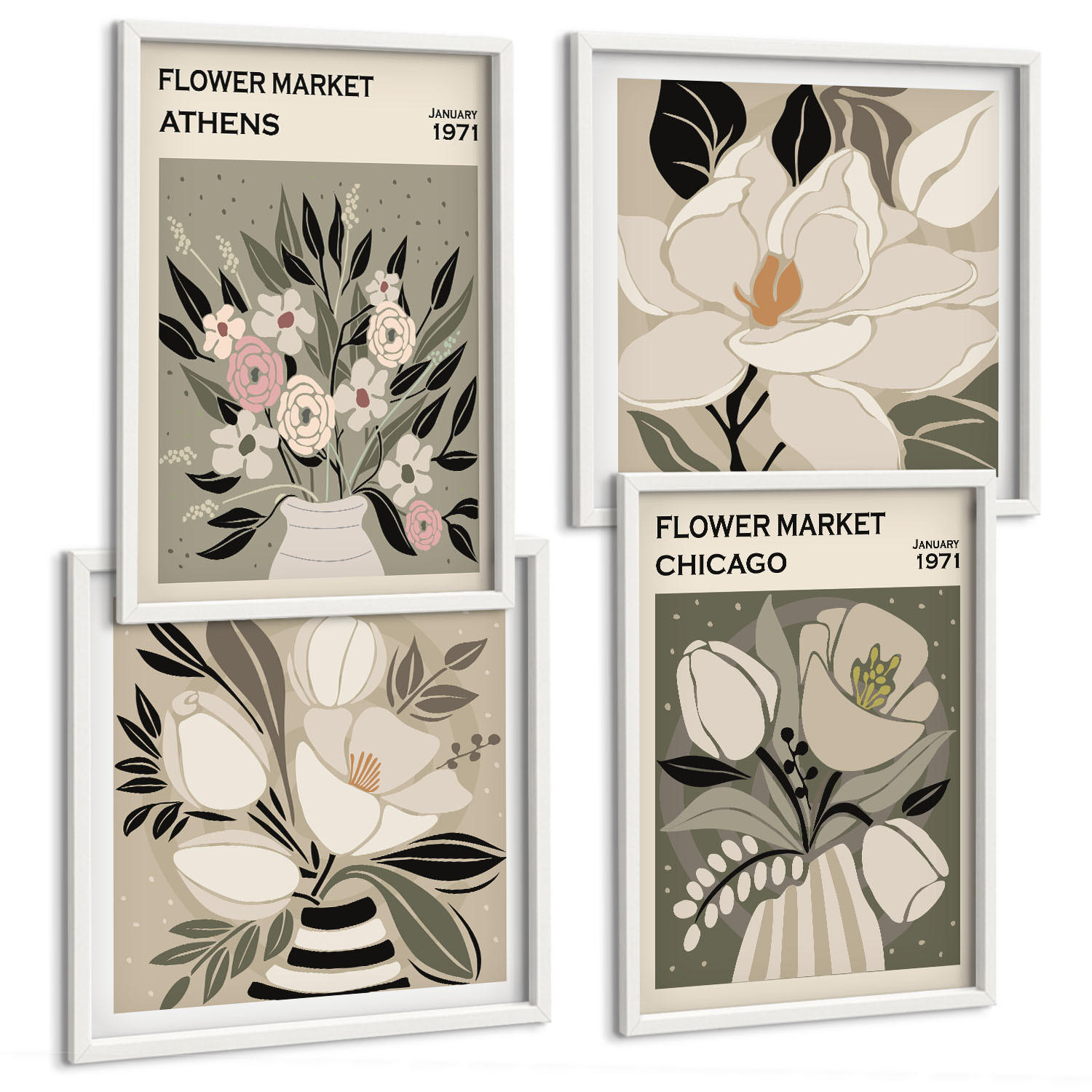 BILDER SET 4er Set - 50x50 cm & 40x60 cm Weißer Rahmen - Retro-Blumenmuster aus verschiedenen Städten - Weiß, Kunststoff (50/50cm) - TULUP