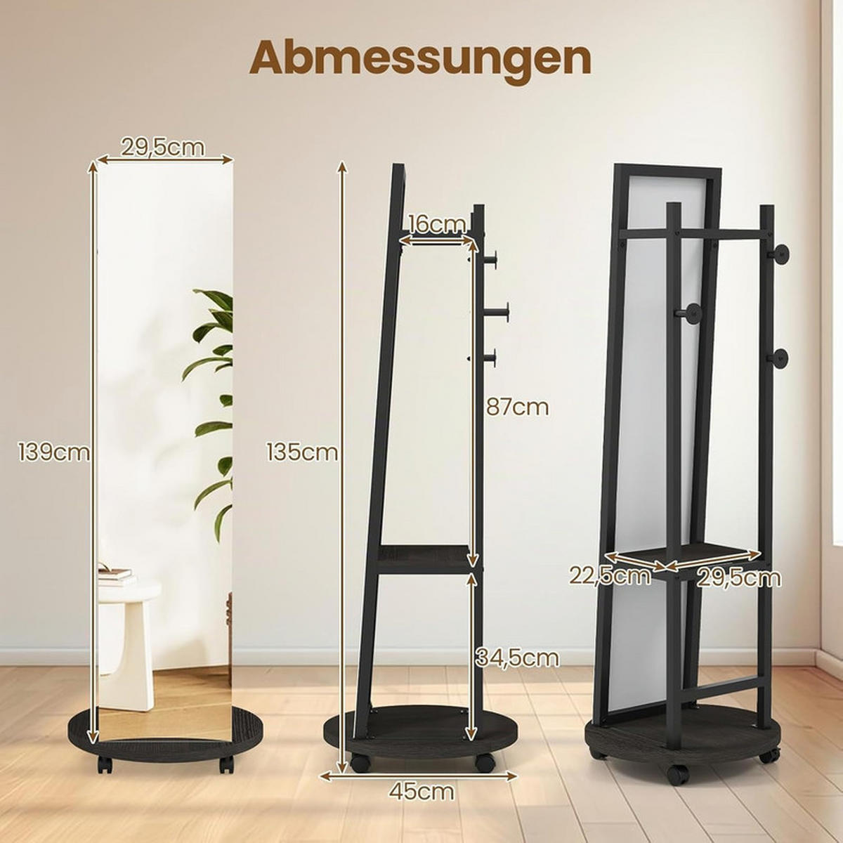 GARDEROBENSTÄNDER mit 3 Haken schwarz - Schwarz, Metall (45/135/45cm) - COSTWAY