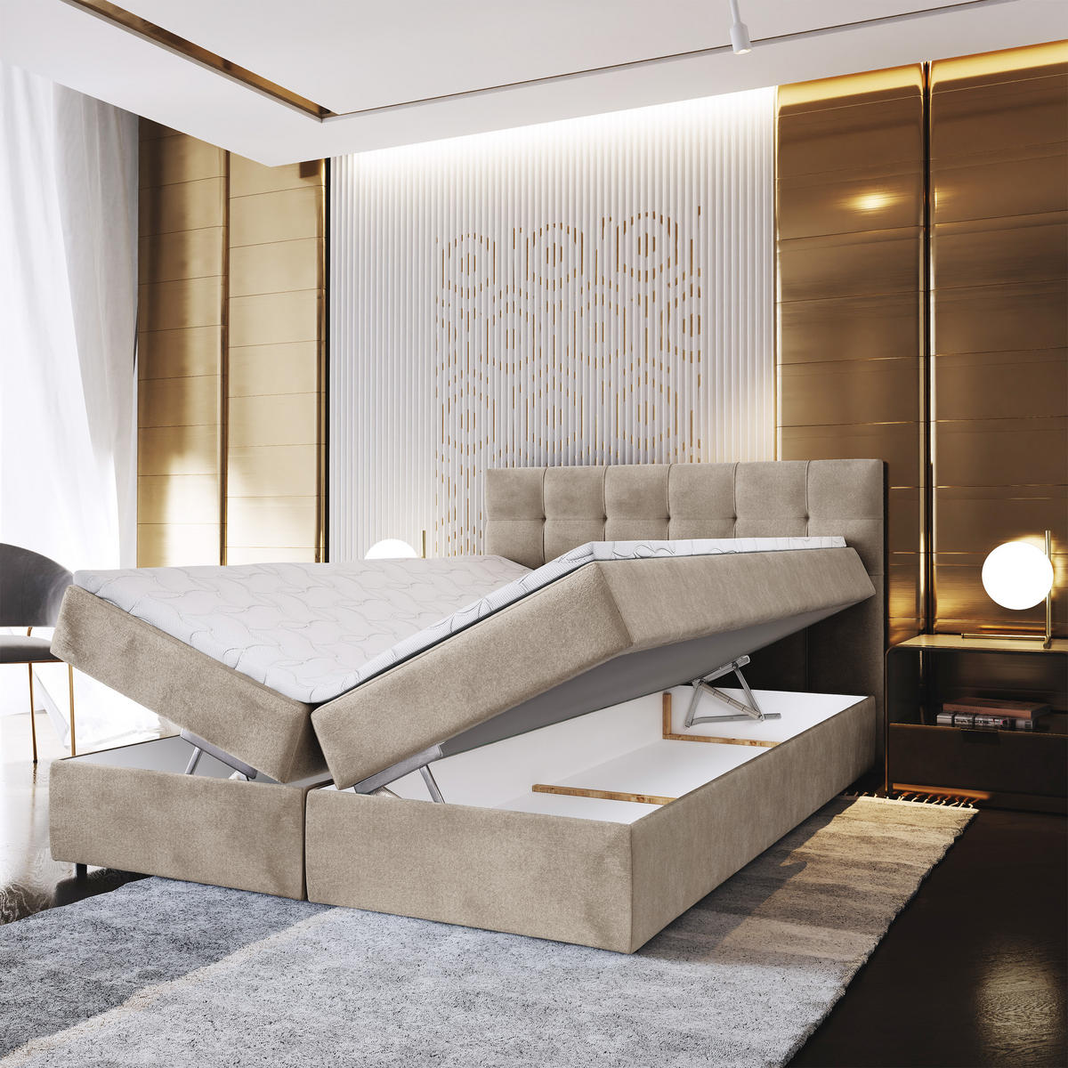 POSTEL BOXSPRING GLOS 140x200 cm, s matrací a úložným prostorem, béžová - béžová, kompozitní dřevo/textil (140/200cm) - MASSENO