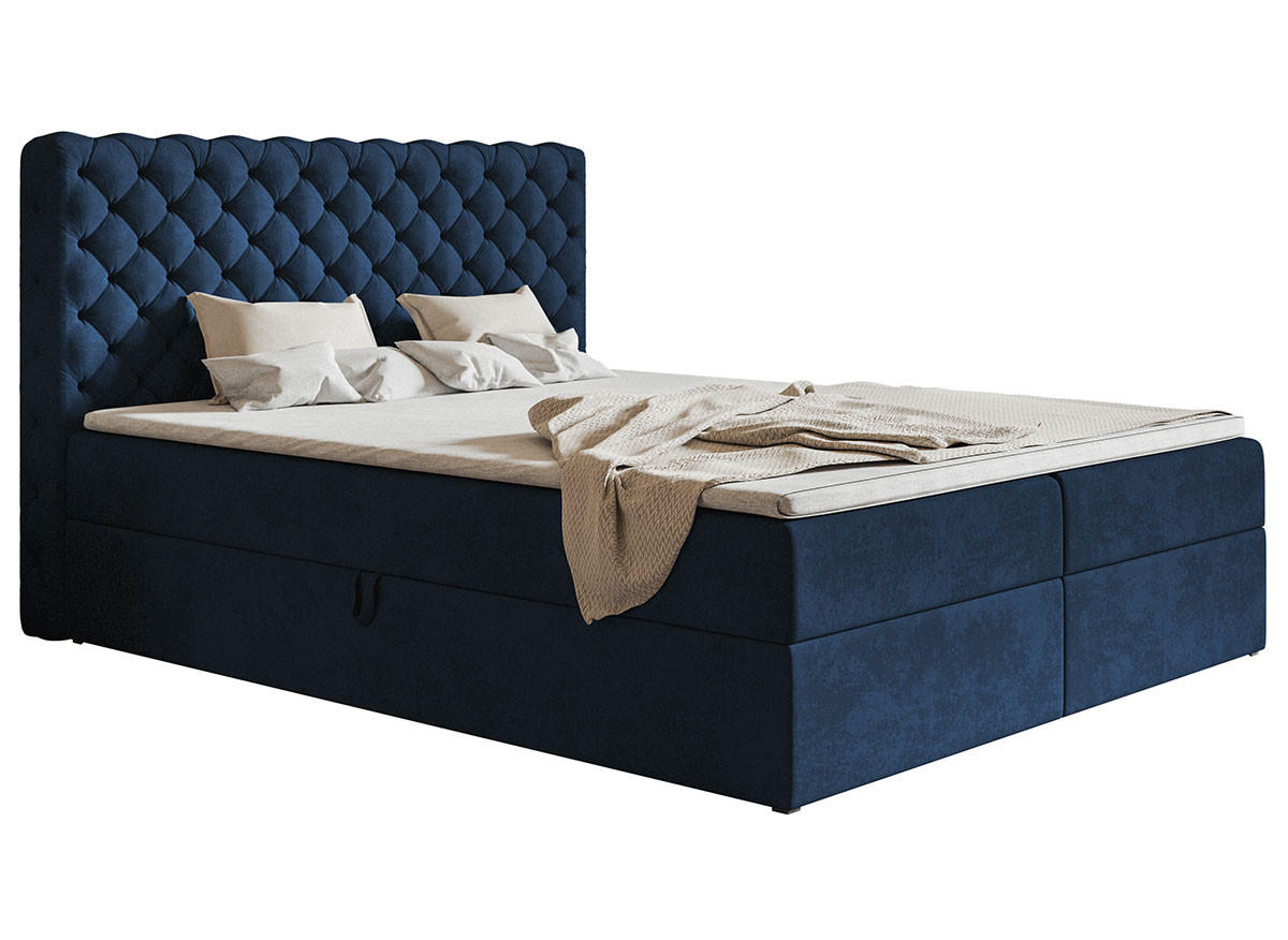 BOXBETT Bonio VIII 120/200 cm in Blau – mit Bettkasten und Topper - Blau/Schwarz, Holz/Holzwerkstoff (120/200cm) - AX Living