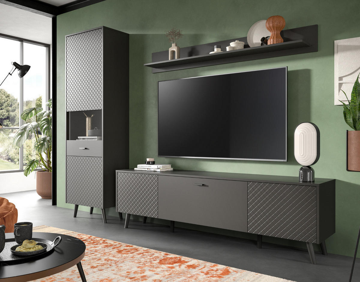 WOHNWAND grau matt 3-teilig 258 cm, Schrankwand mit Struktur - Schwarz/Grau, Glas/Holzwerkstoff (258/195/40cm) - Inn.Furn