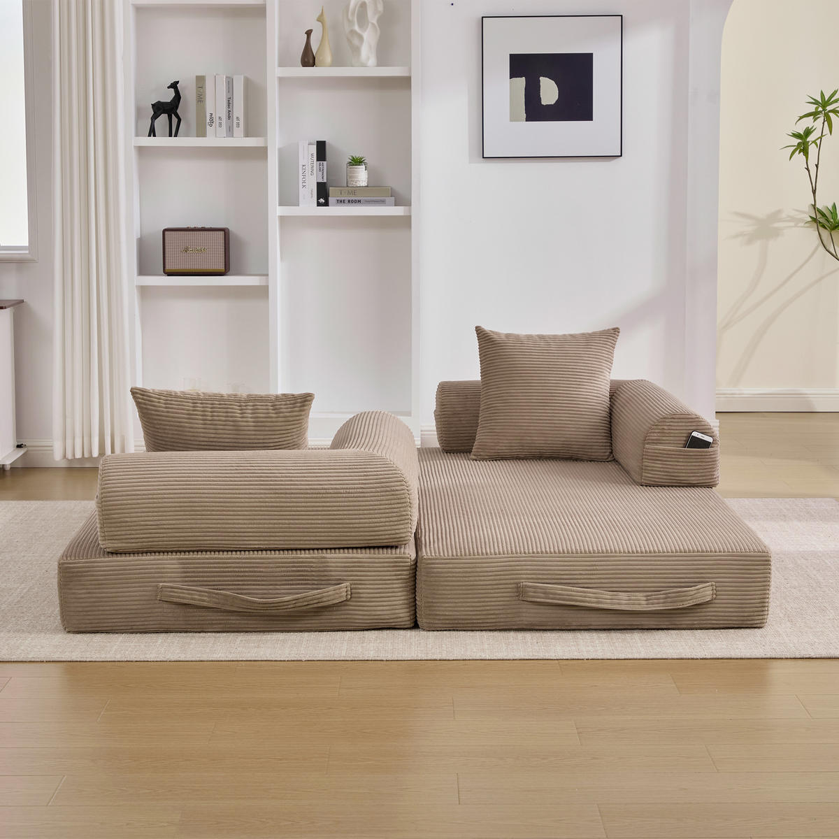 SCHLAFSOFA 200/94/67 cm khaki mit Seitentaschen plus und 3 Kissen - Sandfarben, Textil (200/67/94cm) - Oxeza