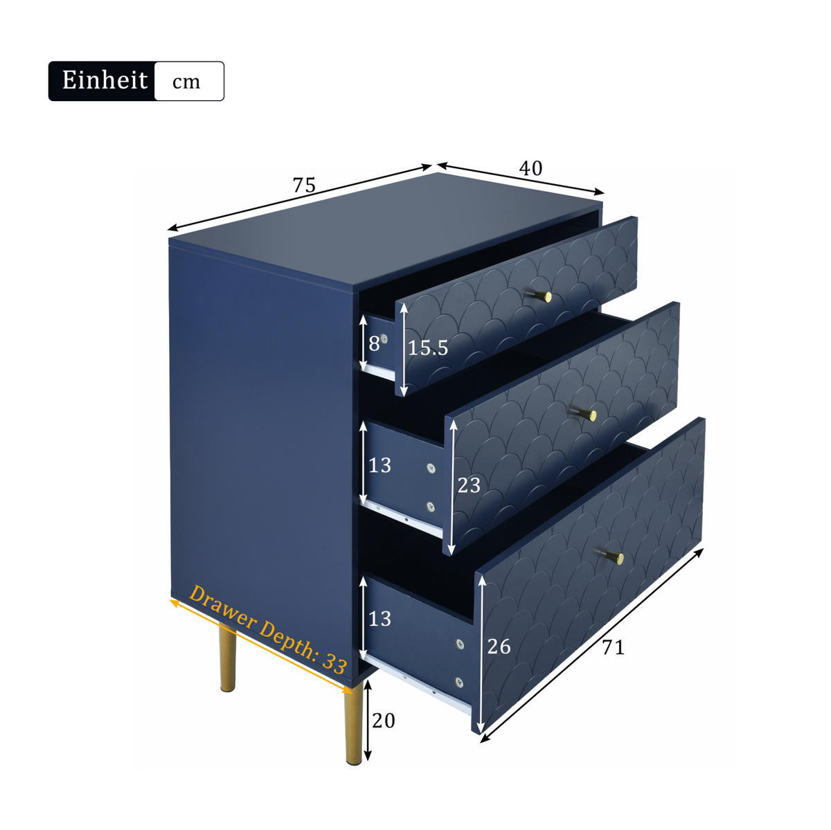 KOMMODE 75/40/89 cm mit 3 Schubladen und Metallbeinen in Marineblau - Dunkelblau, Holz (75/89/40cm) - BEAOK