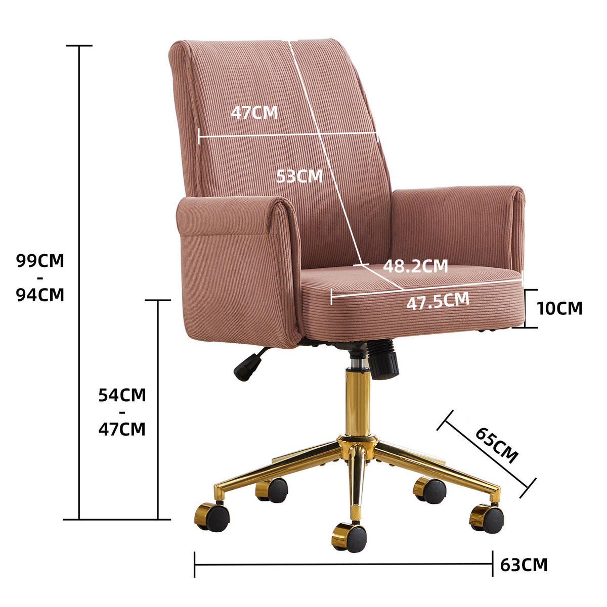 BÜRODREHSTUHL ergonomisch Cord Pink mit goldfarbener Basis - Pink, Kunststoff (61/107/64cm) - Meubliv