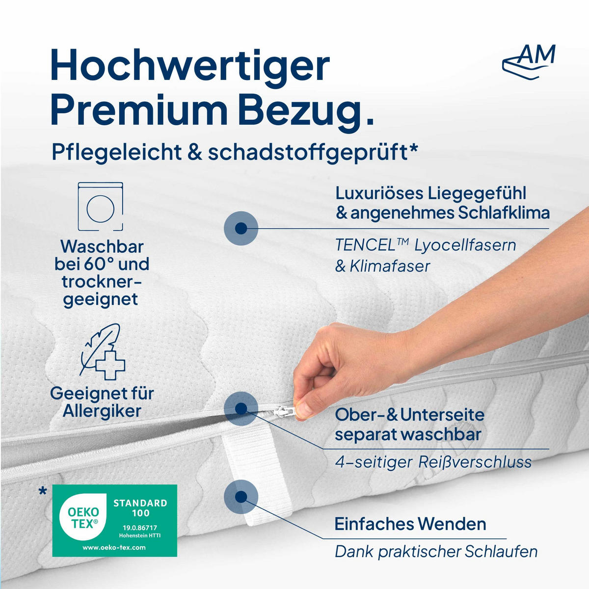 TASCHENFEDERKERNMATRATZE 3D Deluxe 180/200 cm H4 - 24cm Höhe & Tencel Bezug - Weiß, Textil (180/200cm) - AM Qualitätsmatratzen