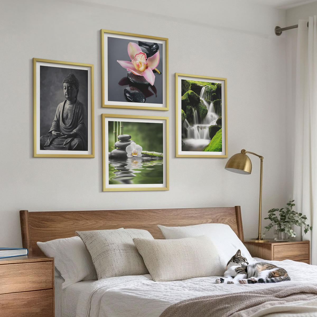 WANDBILDER 4er Set - 50x50 cm & 40x60 cm Goldrahmen - Zen-Gemälde, Wassersteine, Buddha - Goldfarben, Kunststoff (50/50cm) - ArtPrintCave