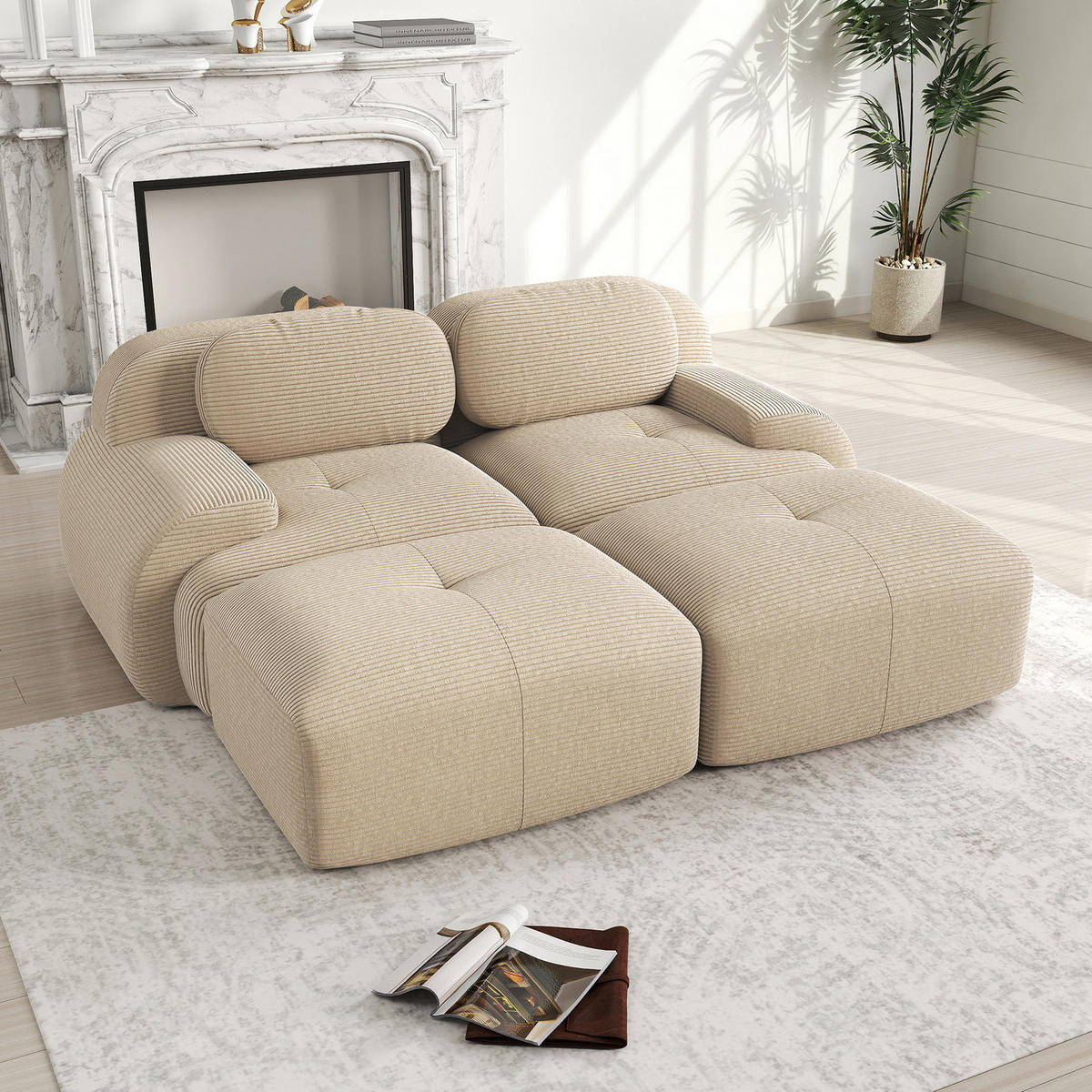 SOFA Modulares 2-Sitzer, rutschfeste Unterseite, Cord, Beige - Beige, Textil (178/70/208cm) - Meubles Cosy