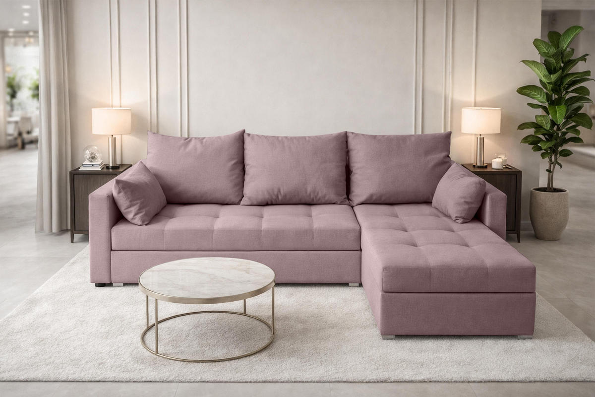 ECKSOFA Universelle L Form Elif Rosa 220/140/85 cm stilvolle mit Schlaffunktion - Silberfarben/Rosa, Kunststoff/Textil (220/140cm) - AX Living