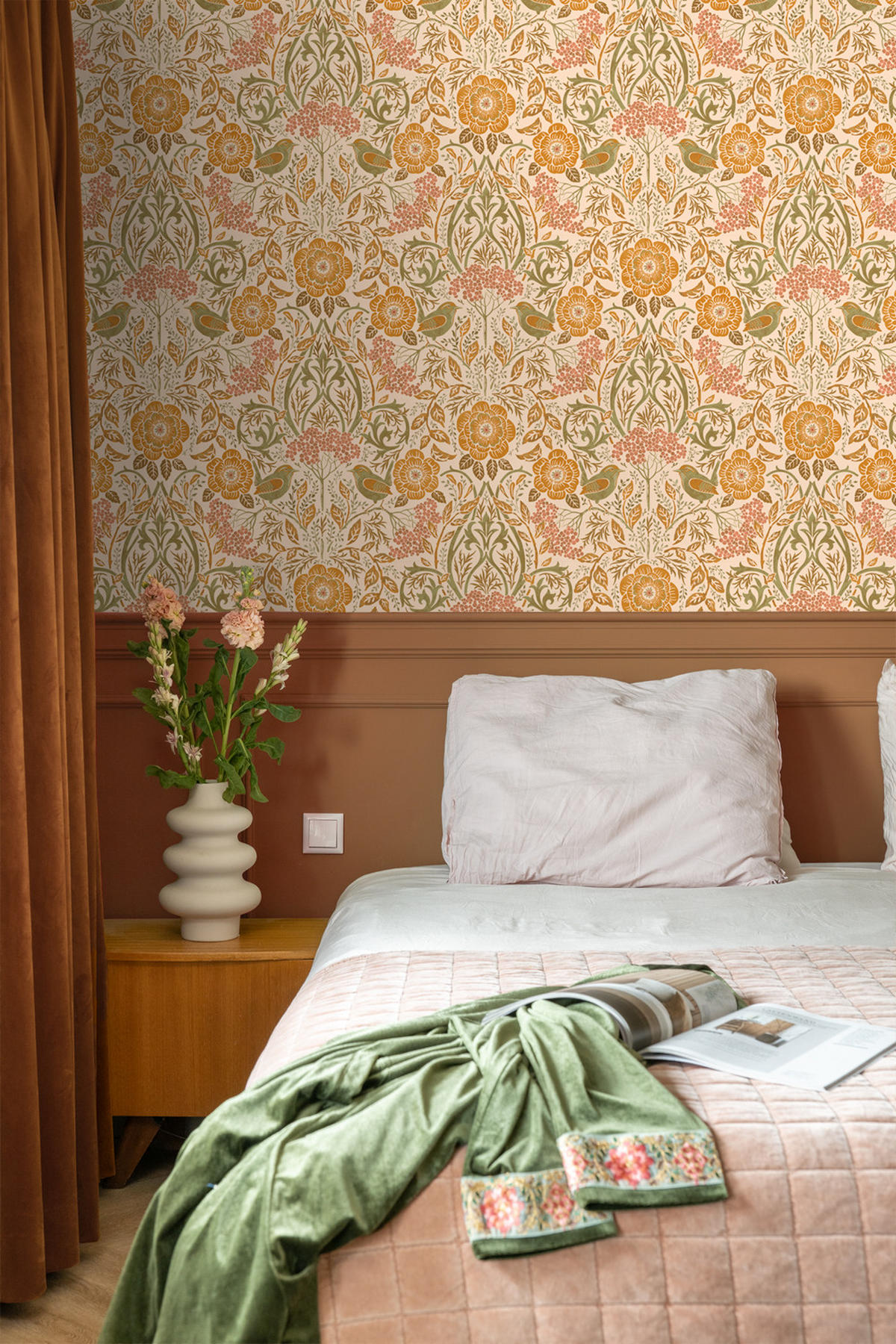 TAPETE Blumen und Vögel im Jugendstil 50 x 900 cm - Orange, Papier (50/900cm) - ESTAhome
