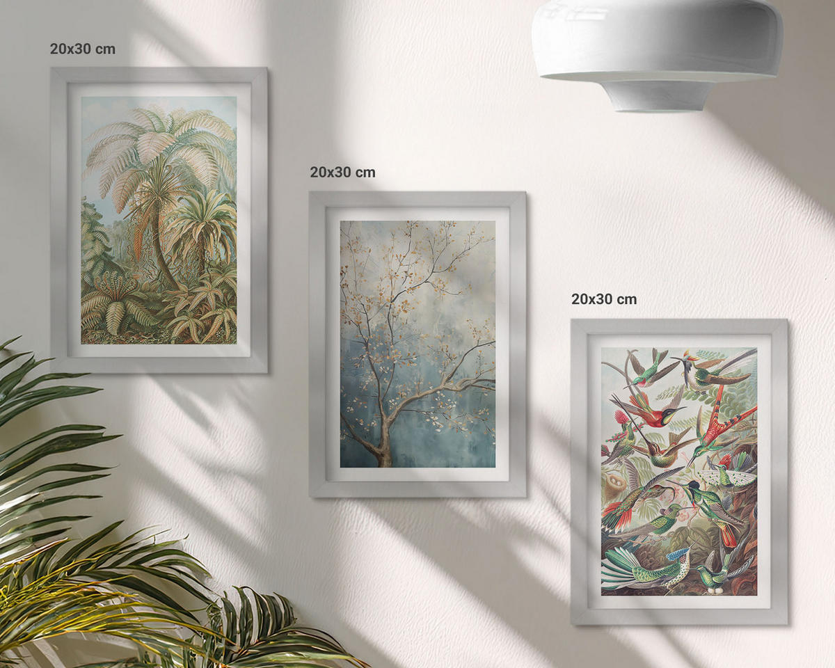 WANDBILDER 3er Set - 20x30 cm Silberner Rahmen - Tropische Pflanzen, Vögel, Natur - Silberfarben, Kunststoff (20/30cm) - ArtPrintCave