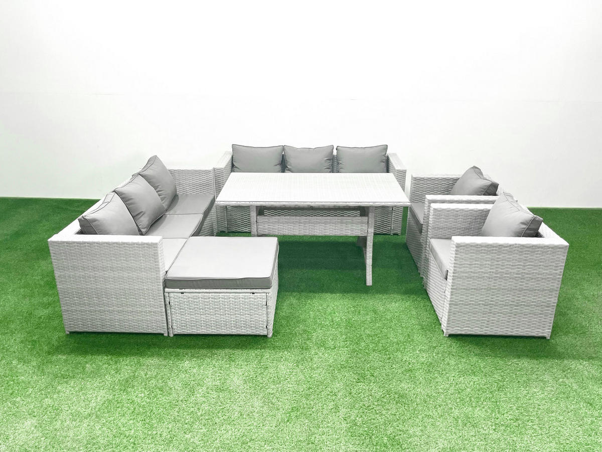 GARTENMÖBEL SET mit 3-Sitzer-Sofa und 2 Stühle, Esstisch,Großer Fußhocker Polyrattan Hellgrau 9-Sitzer - Hellgrau/Grau, Glas/Kunststoff - Fimous