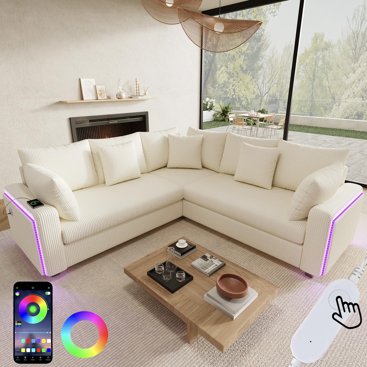 ECKSOFA 198/198/83 cm Beige mit LED‑Ambientebeleuchtung und USB‑Ladeanschluss - Beige, Holz/Textil (198/198cm) - Oxeza