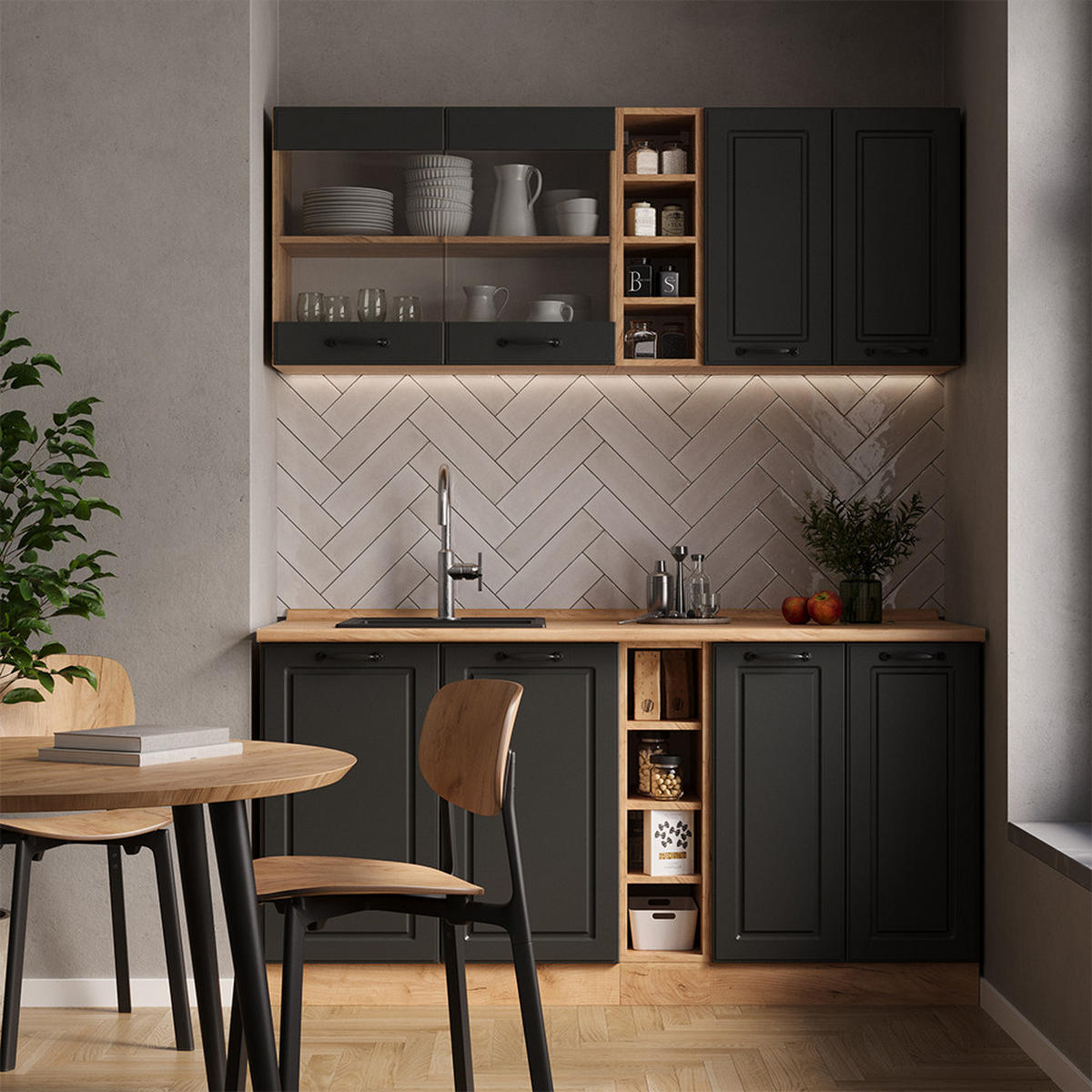 SINGLEKÜCHE R-Line Anthrazit Landhaus/Goldkraft Eiche 160 cm ohne Arbeitsplatte - Dunkelgrau/Anthrazit, Holzwerkstoff (160/81.6/46cm) - Vicco