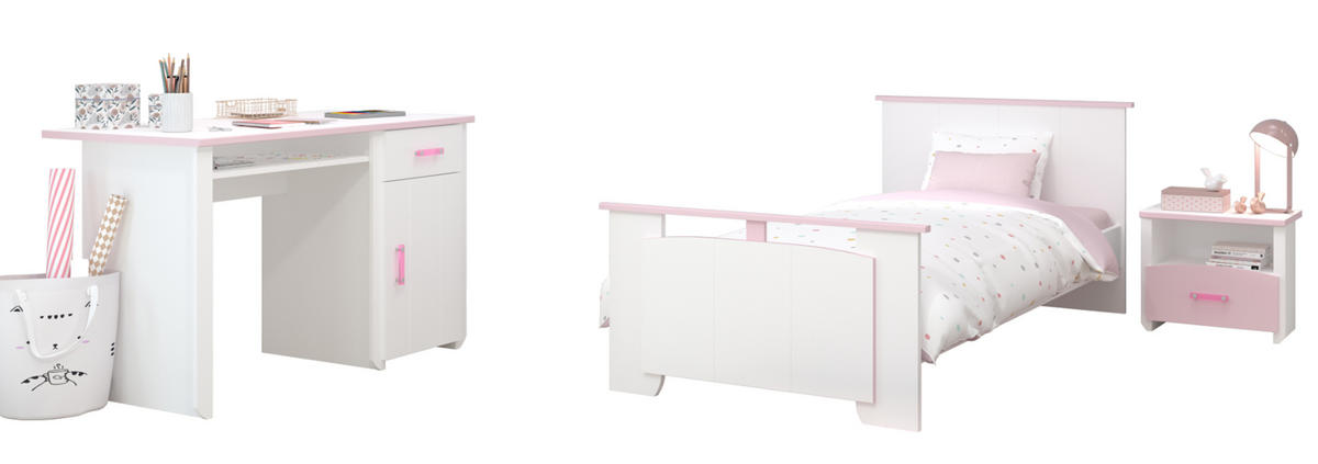 KINDERZIMMER Set 3-tlg Schreibtisch Nachttisch Bett 90 x 200 cm - Multicolor/Altrosa, Holz/Holzwerkstoff (160/79/200cm) - Parisot Meuble