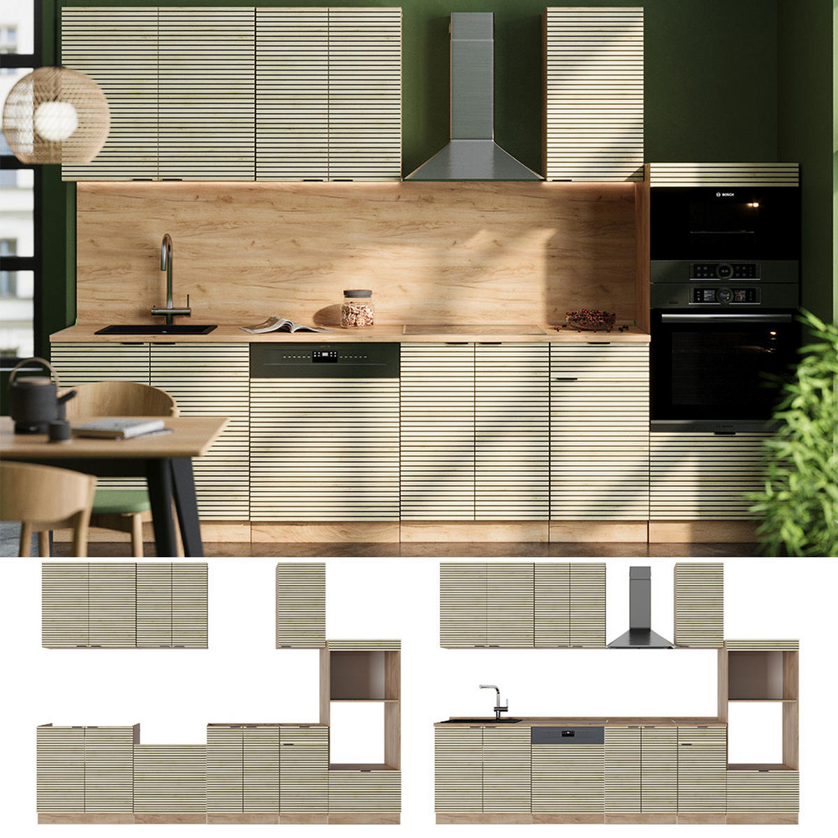 KÜCHENZEILE Fame-Line Eiche Paneel/Goldkraft Eiche 300 cm mit Hochschrank, AP Marmor - Honigeiche/Hellbraun, Holzwerkstoff (300/81.6/60cm) - Vicco