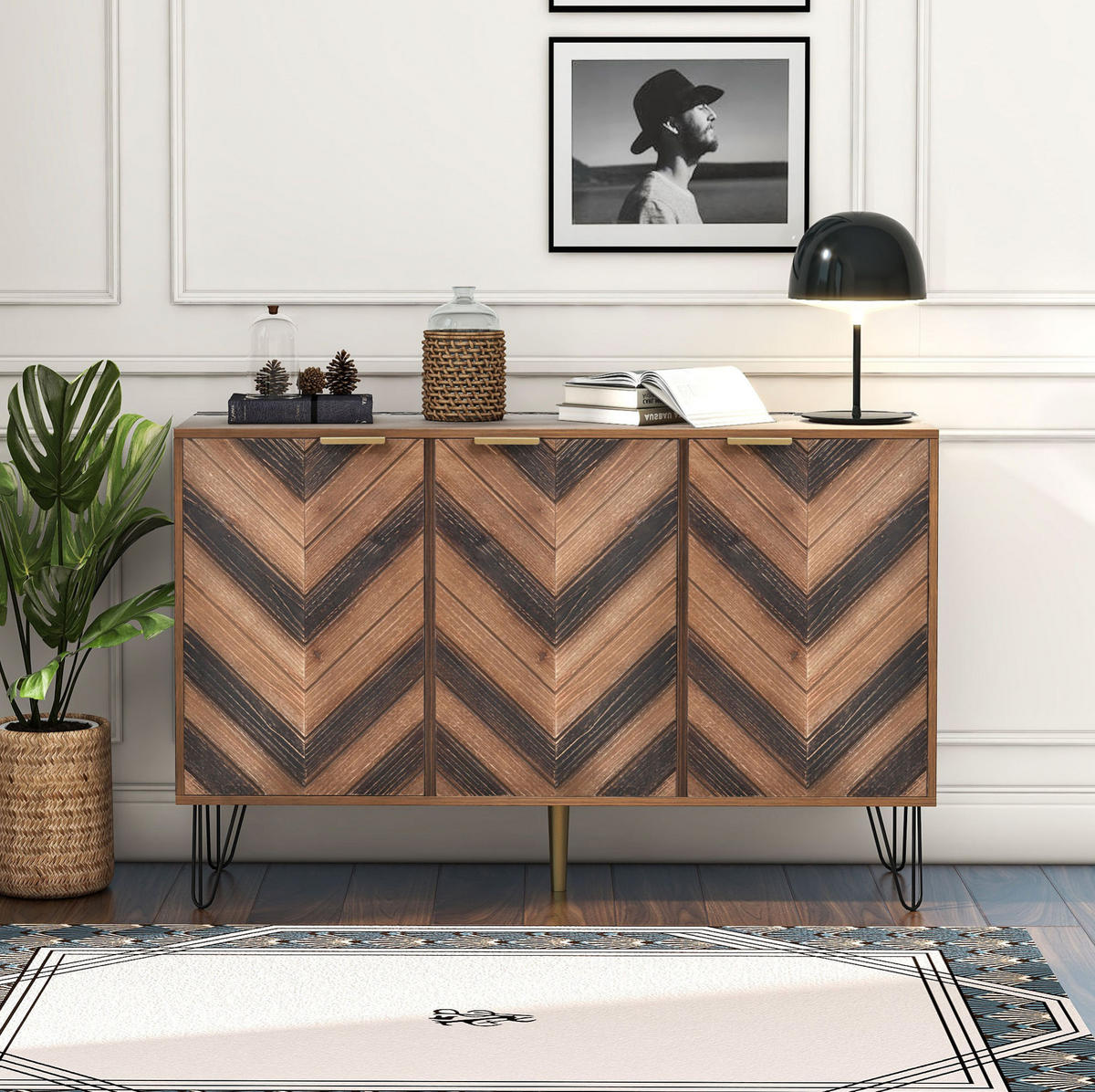 SIDEBOARD mit 3 Türen, Holzoptik mit goldenen Griffen und schwarzen Eisenfüßen, 120/38/76,5 cm,Naturfarben - Naturfarben, Holzwerkstoff (120/38/76.5cm) - Redom