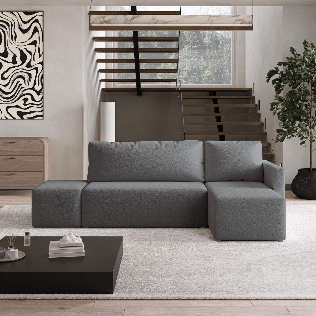 ECKSOFA VELOTTI R-S Grau Boucle-Stoff mit Schlaffunktion - Grau, Holz (261/143cm) - MASSENO