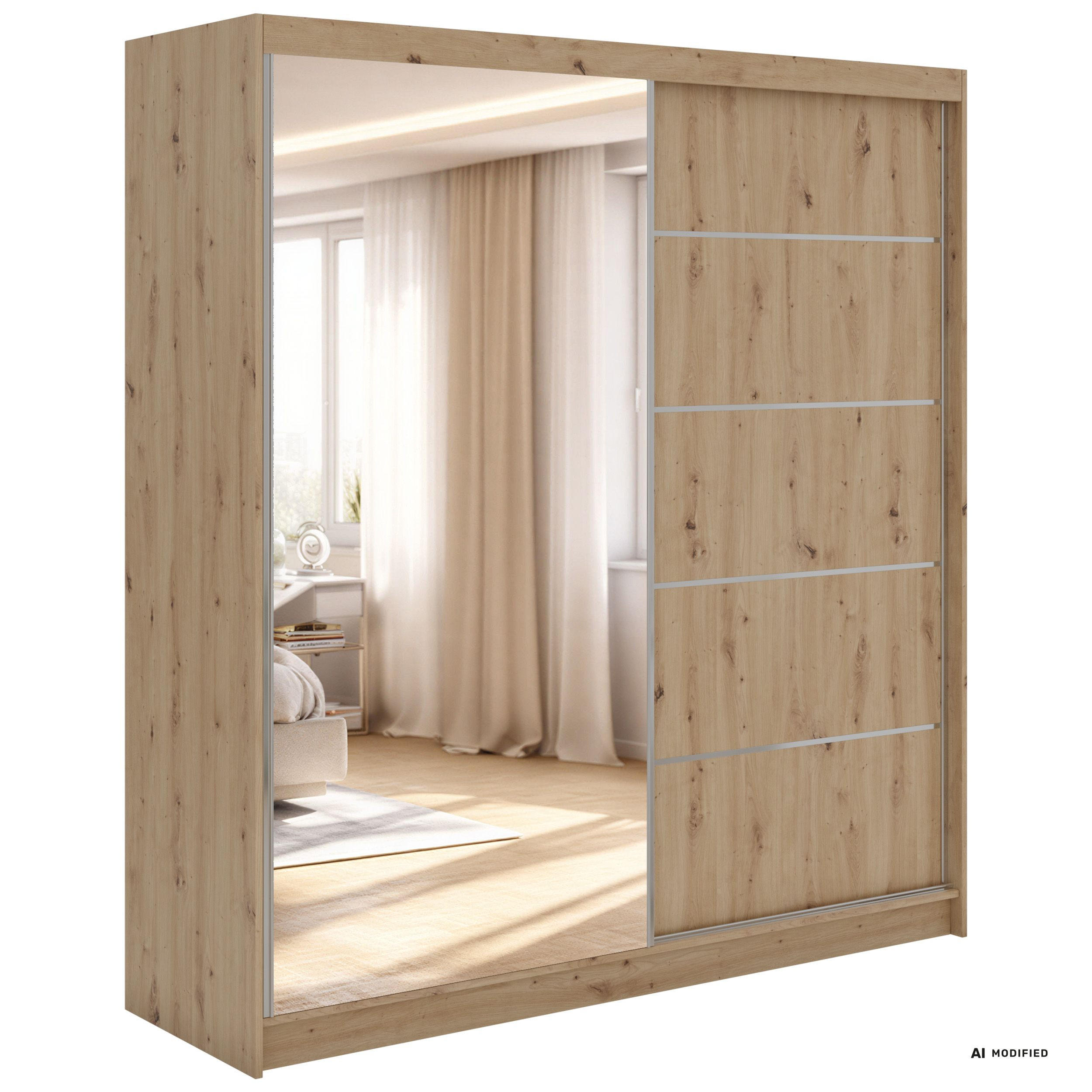 SCHWEBETÜRENSCHRANK 200 - SKORIA - Eiche Artisan mit Spiegel - Alufarben/Eiche Artisan, Holzwerkstoff/Metall (200/216/61cm) - MKS