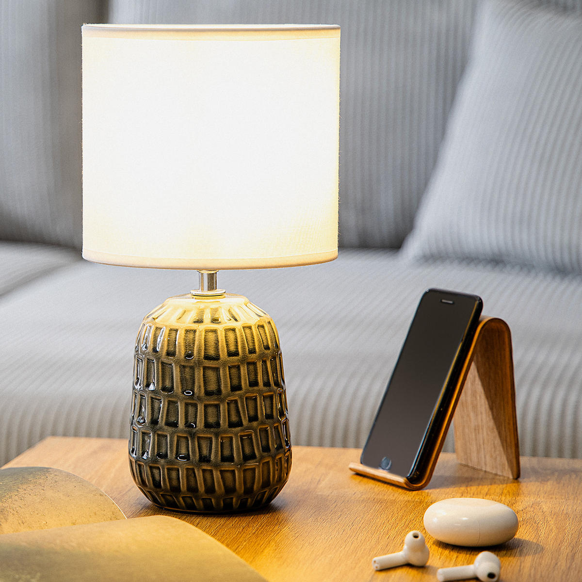 TISCHLAMPE STANDI, Grau, Weiß - Grau, Keramik/Textil (16.5/16.5/31.5cm) - KONSIMO®