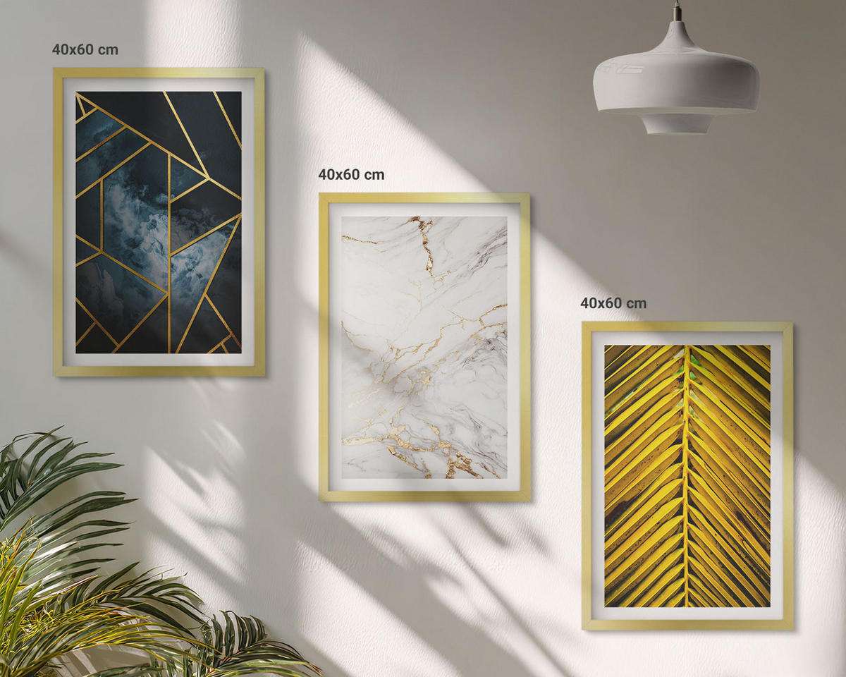 BILDER SET 3er Set - 40x60 cm Goldrahmen - Geometrische Muster und Vegetation - Goldfarben, Kunststoff (40/60cm) - TULUP