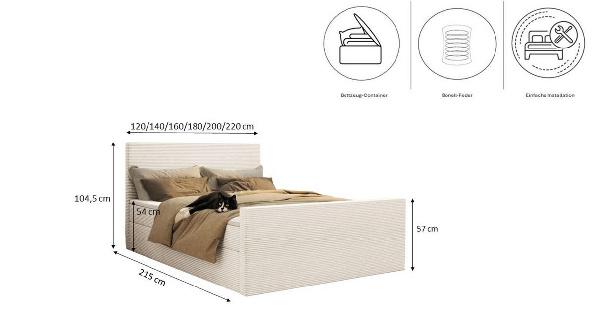 BOXBETT Mit Bettkasten Und Topper VIESTA Stoff Poso Ecru 180x200 cm H2-Pocket - Ecru, Holz/Kunststoff (180/200cm) - Kaiser Möbel