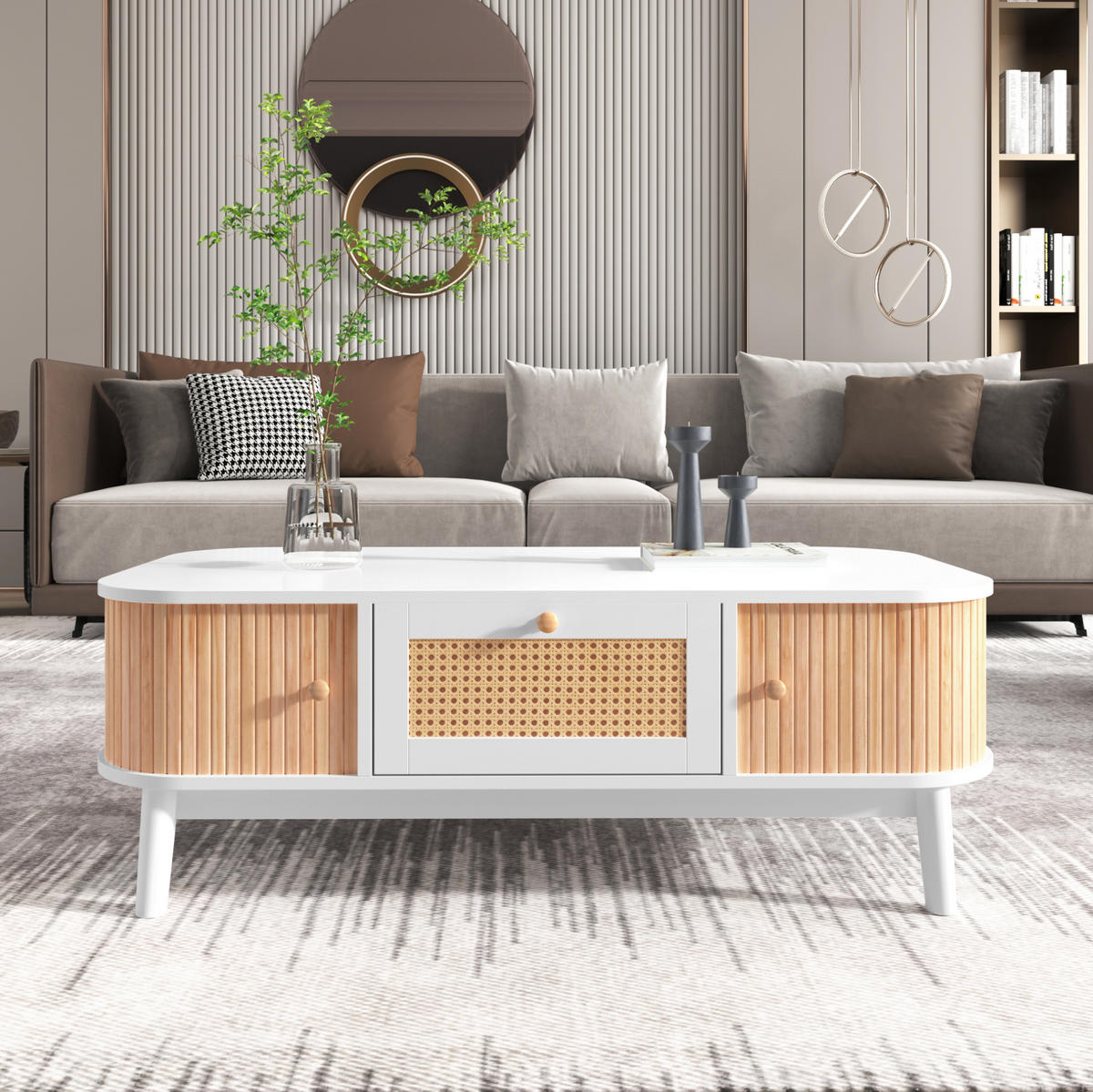 COUCHTISCH 110/55/38,5 cm in Weiß mit Rattan-Details und Stauraum - Weiß, Holzwerkstoff (110/55/38.5cm) - Flora Grace