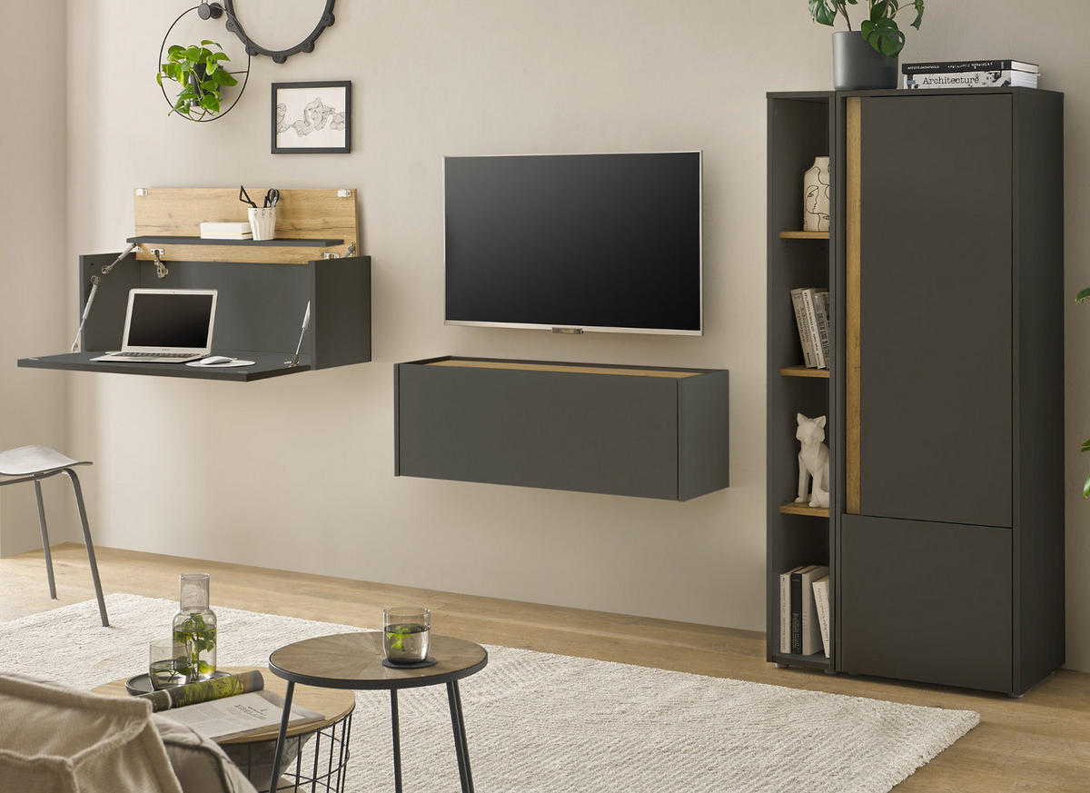 WOHNWAND grau matt , Eiche Wotan 4-teilig 310 cm, Wohnzimmer Schränke mit Sekretär - Eiche Wotan/Grau, Holzwerkstoff/Kunststoff (310/170/40cm) - Furn.Design
