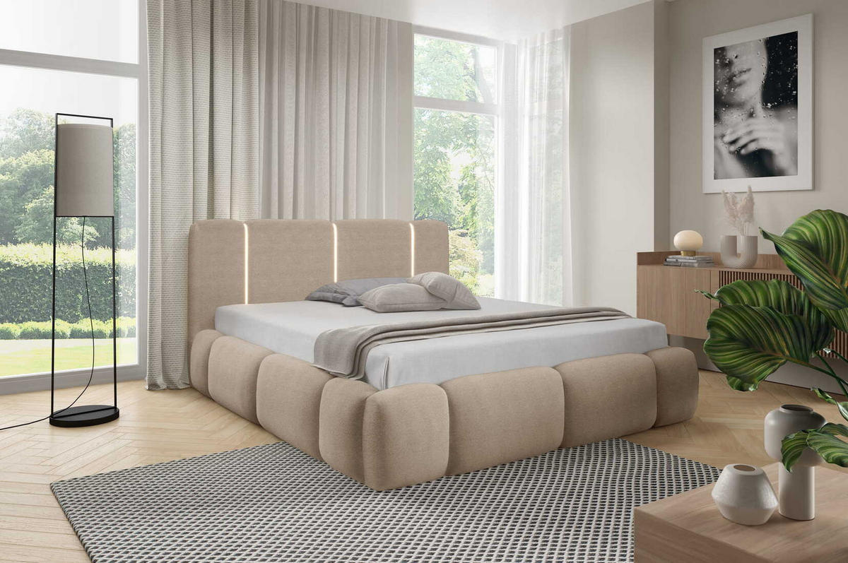 DOPPELBETT 200x200 Avelin mit Bettkasten, LED, Bouclé, Beige - Beige, Holz/Metall (200/200cm) - Emporius
