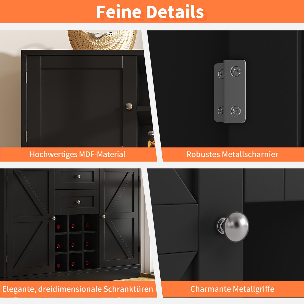KÜCHENSCHRANK in Schwarz mit verstellbaren Ablagen und Weinregal für Küche, B120/T40/H188 cm - Schwarz, Holzwerkstoff/Metall (120/188/40cm) - STILVORA