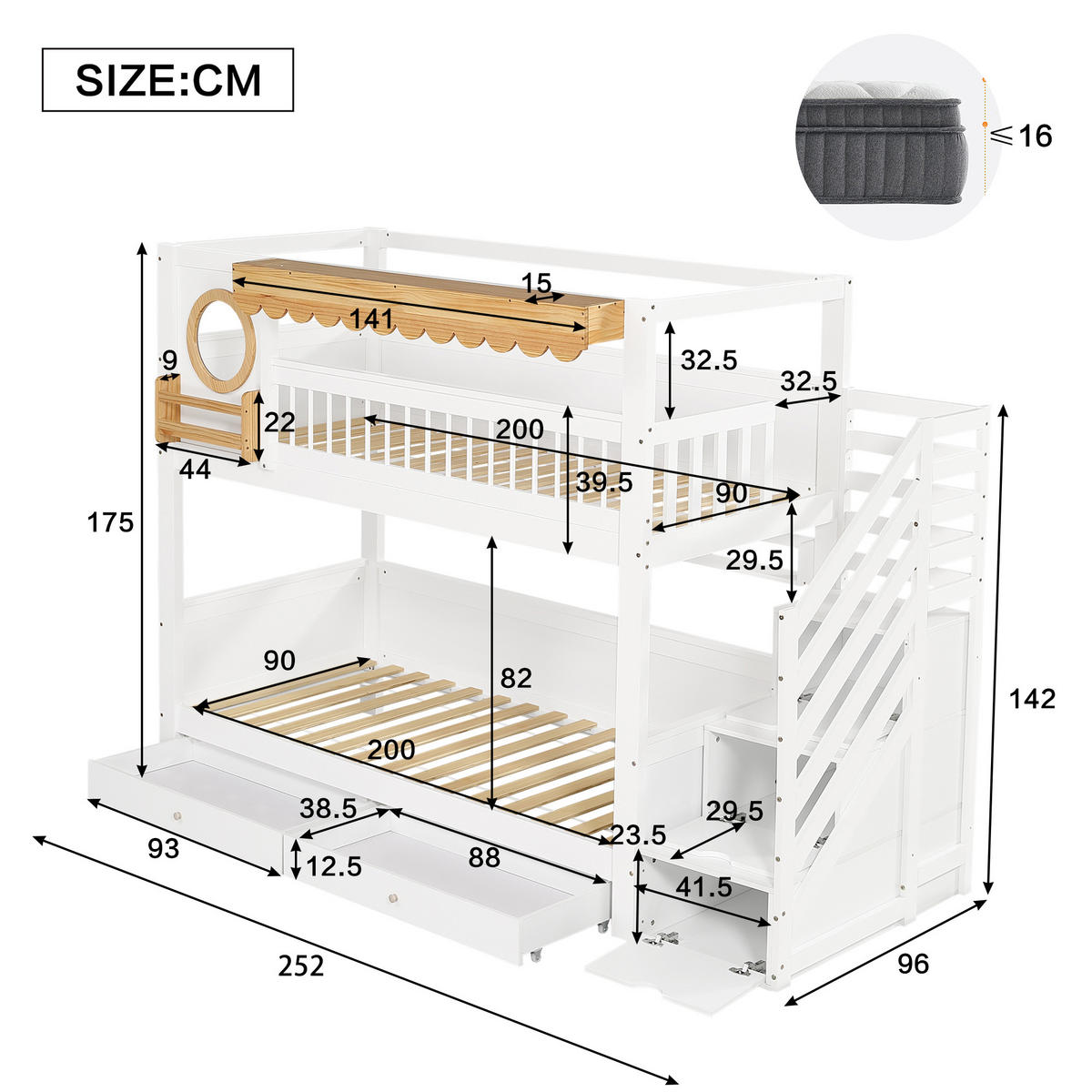 ETAGENBETT 90/200 cm in Weiß & Natur mit 2 Schubladen, Regal und Treppenschrank aus Kiefer & MDF - Weiß/Naturfarben, Holzwerkstoff (90/200cm) - STILVORA