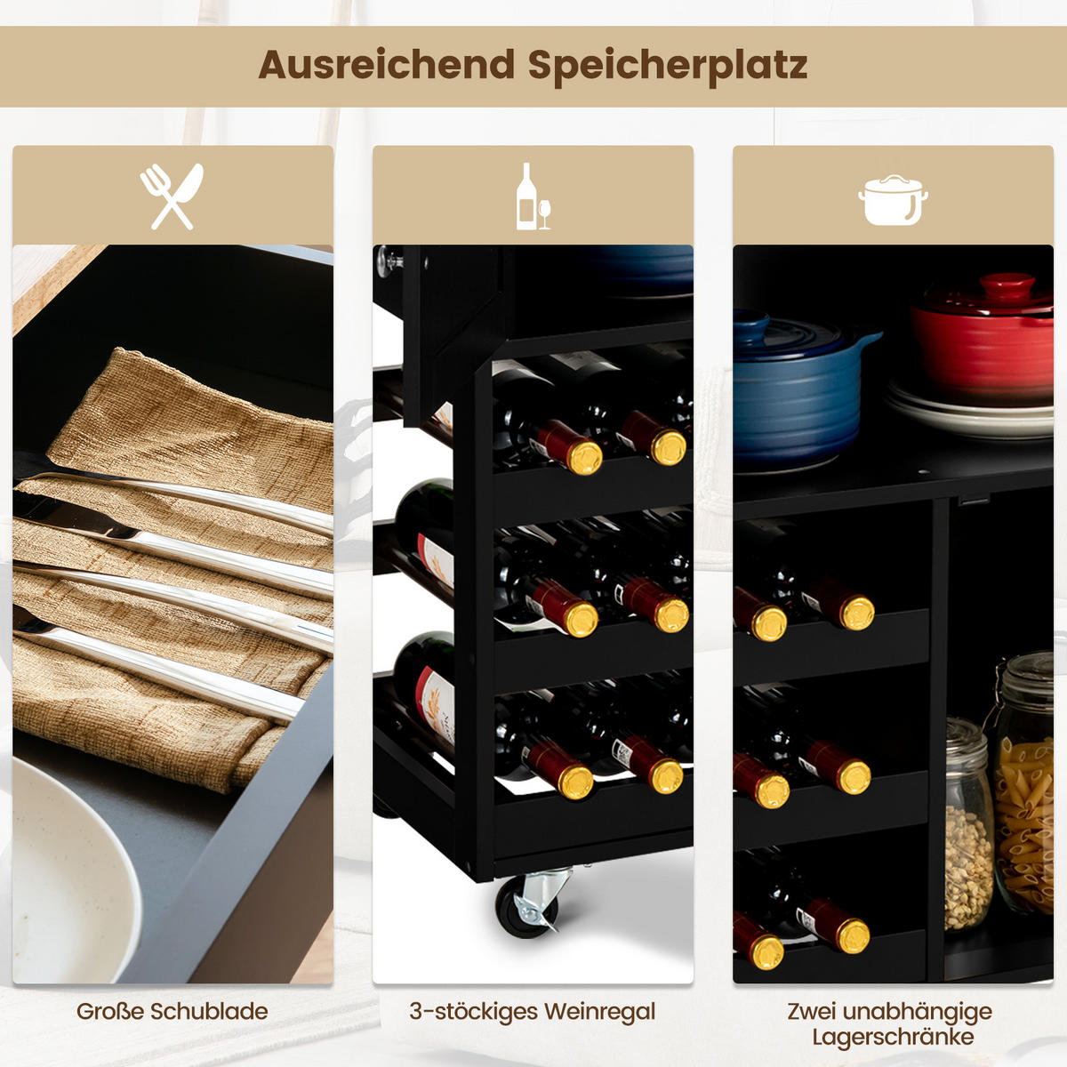 KÜCHENWAGEN Schwarz - Schwarz, Holz (67/37/87cm) - COSTWAY