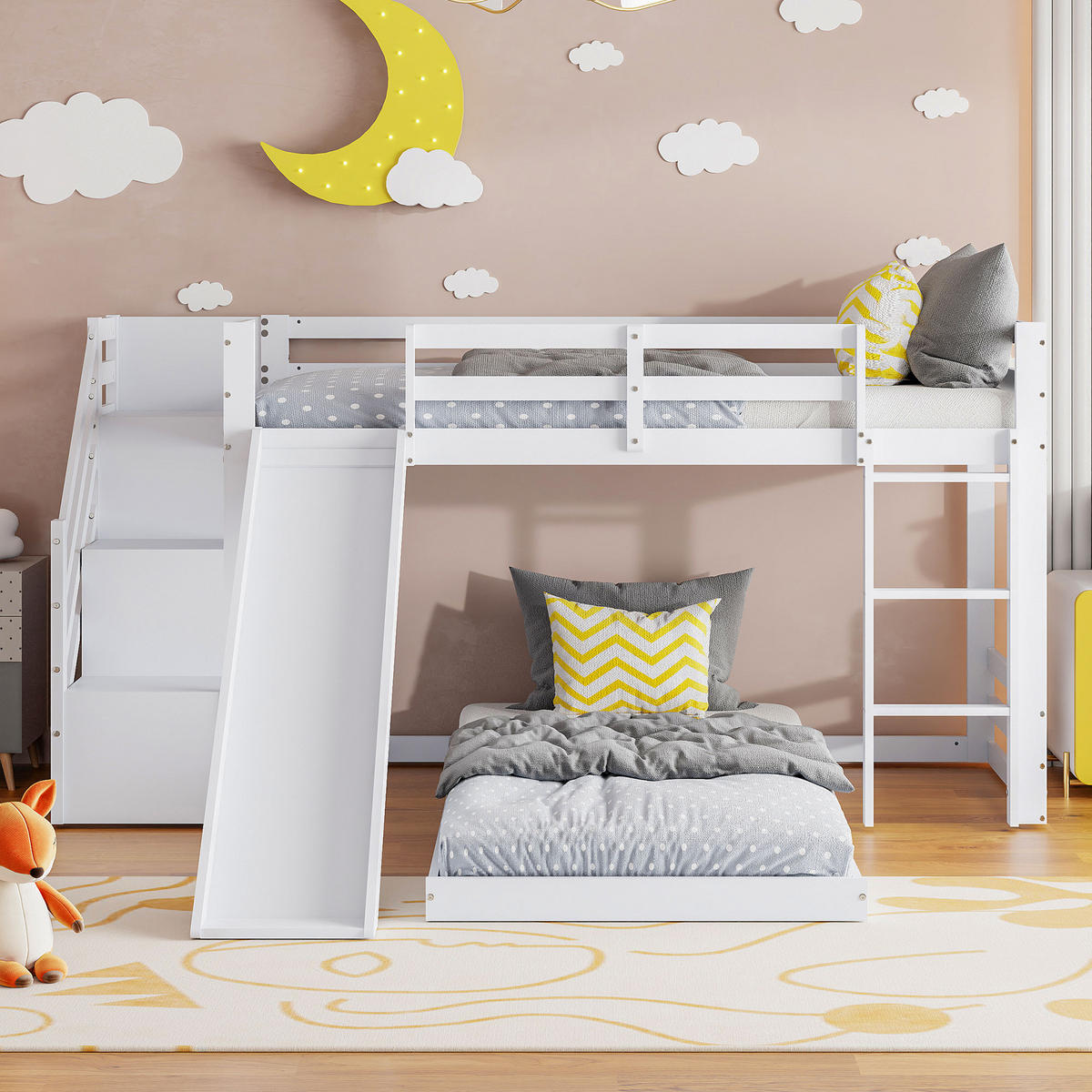 ETAGENBETT 90x200cm Treppe und Rutsche, Weiß - Weiß, Holz (90/200cm)