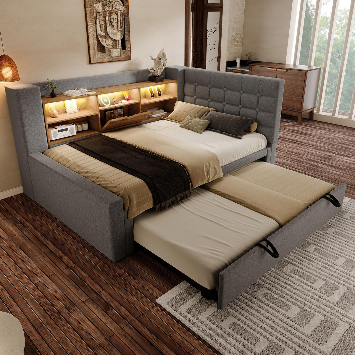 POLSTERBETT 90/200 cm mit Ausziehbett, LED-Beleuchtung, USB-Anschlüssen und Stauraum, Leinen/Metall, Grau - Grau, Textil (90/200cm) - Redom