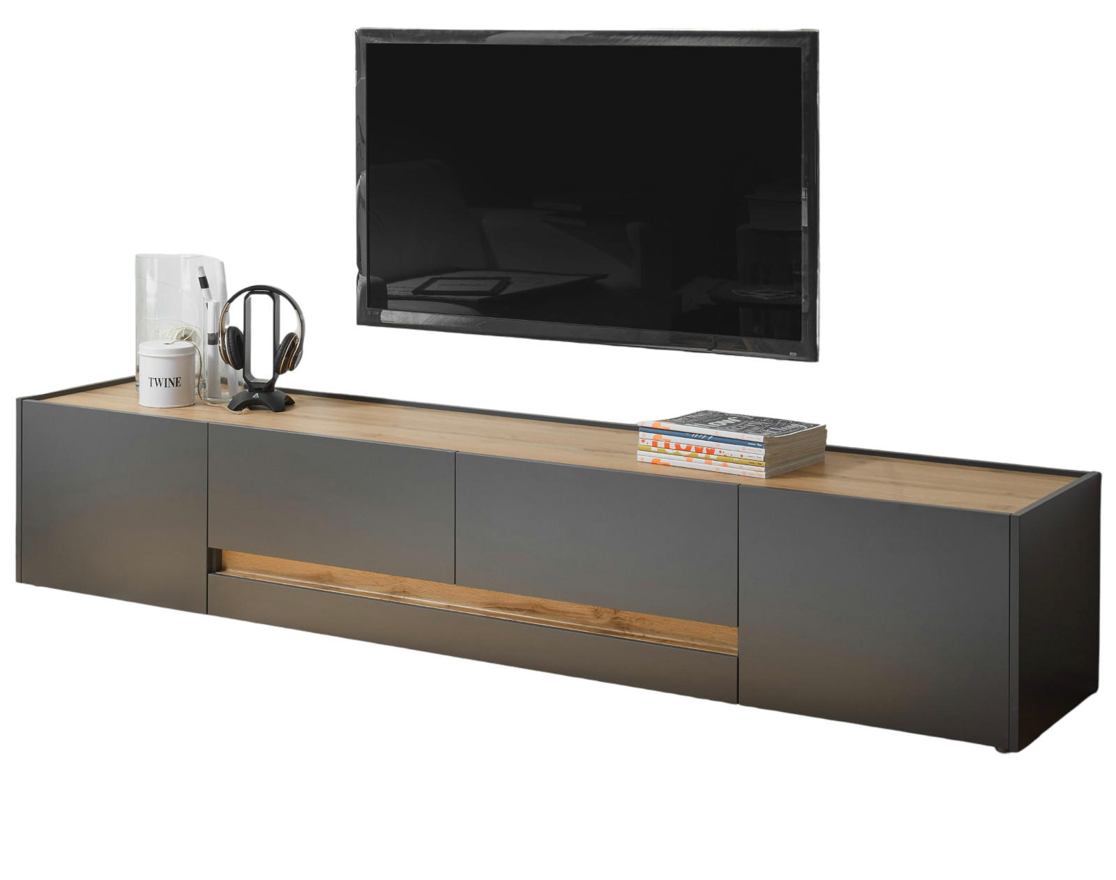 TV-LOWBOARD grau matt, Eiche Wotan 220 cm, TV Unterteil mit viel Stauraum - Eiche Wotan/Schwarz, Holzwerkstoff/Kunststoff (220/40/45cm) - Furn.Design