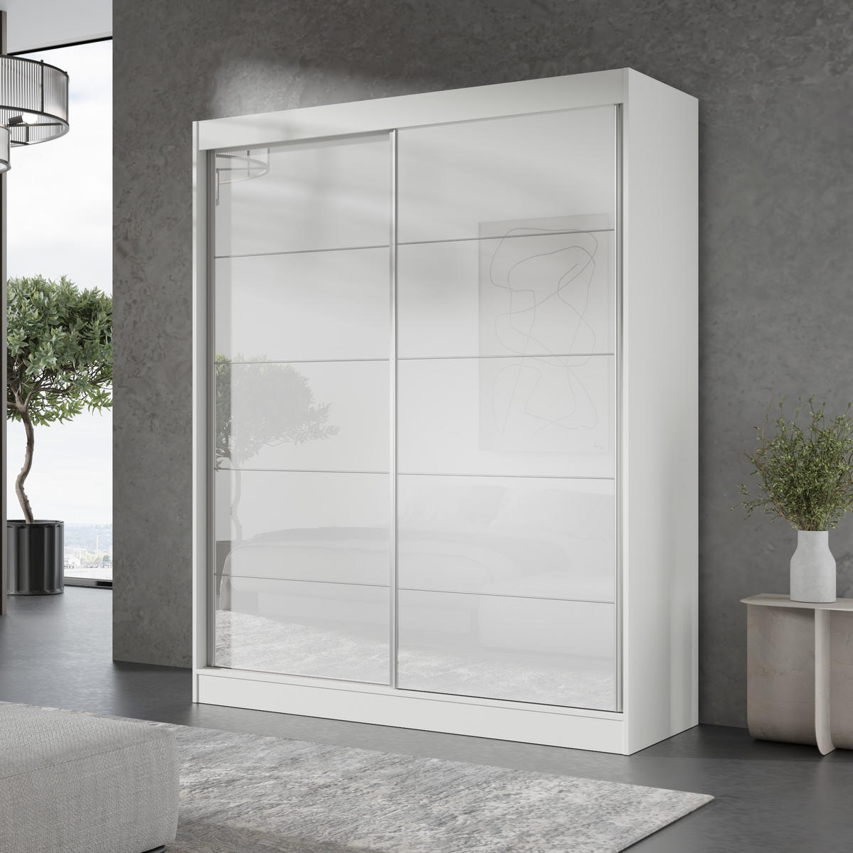 SCHIEBETÜRENSCHRANK Como 2D 150 Weiß (lacobel) - Silberfarben/Weiß, Holzwerkstoff/Metall (150/201/65cm) - mzm24